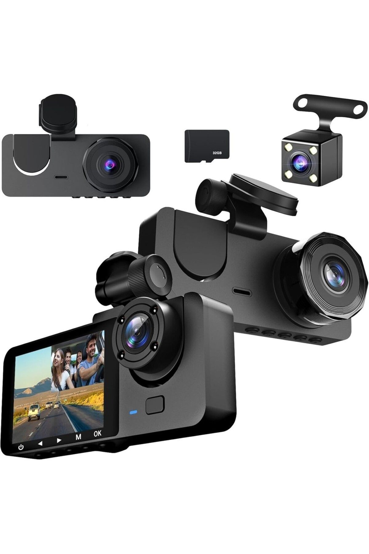 EN SİGA 2 Inç 3 Kameralı 1080P Yol Kayıt Araç Kamerası (Türkçe Menü + Geri görüş+ Hareket Sensörü) Uyumlu