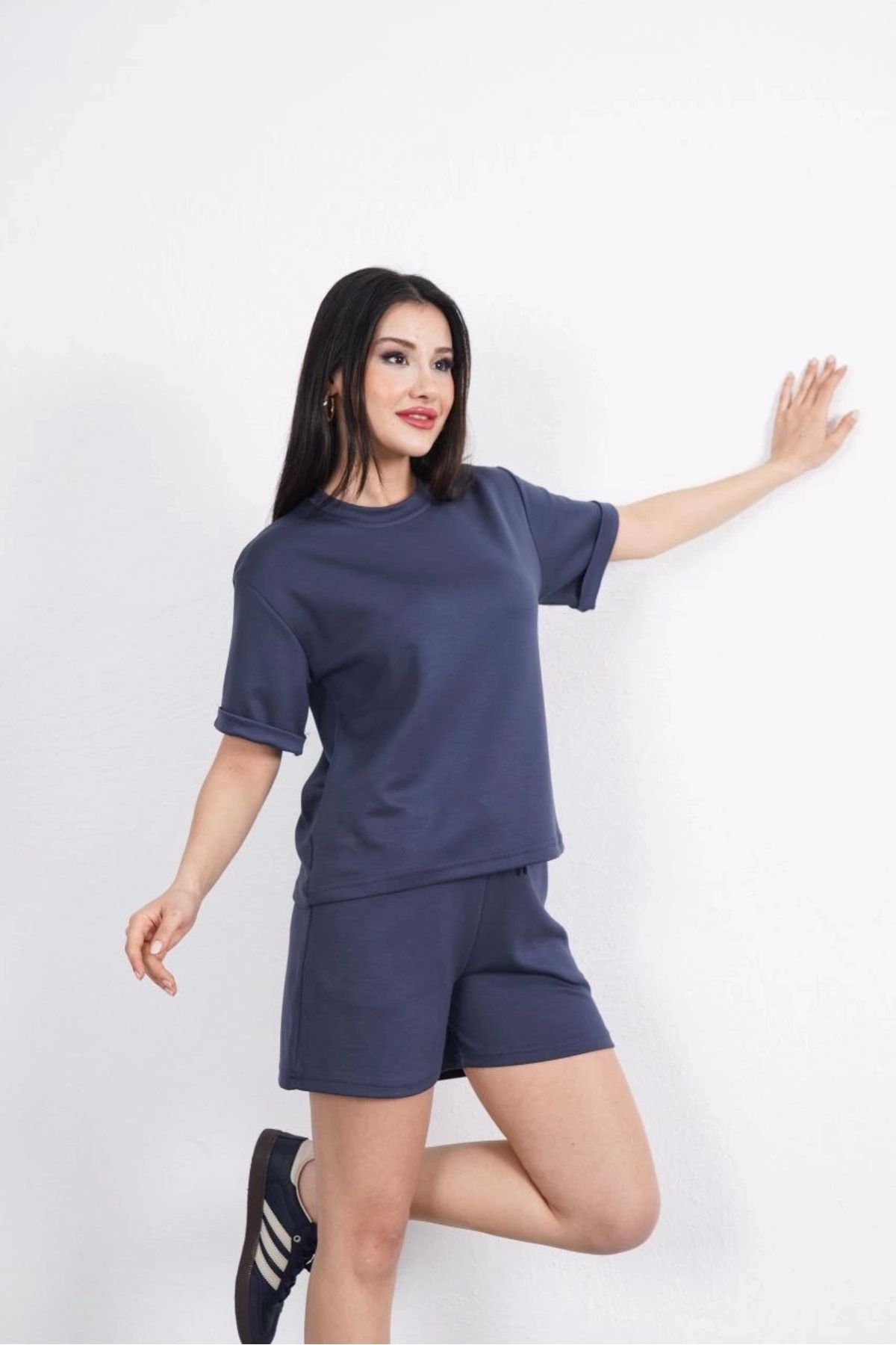 MODA Modal yumuşak dokulu Kumaş Kadın Bisiklet Yaka T-shirt Kısa Şort İkili Takım - Antrasit