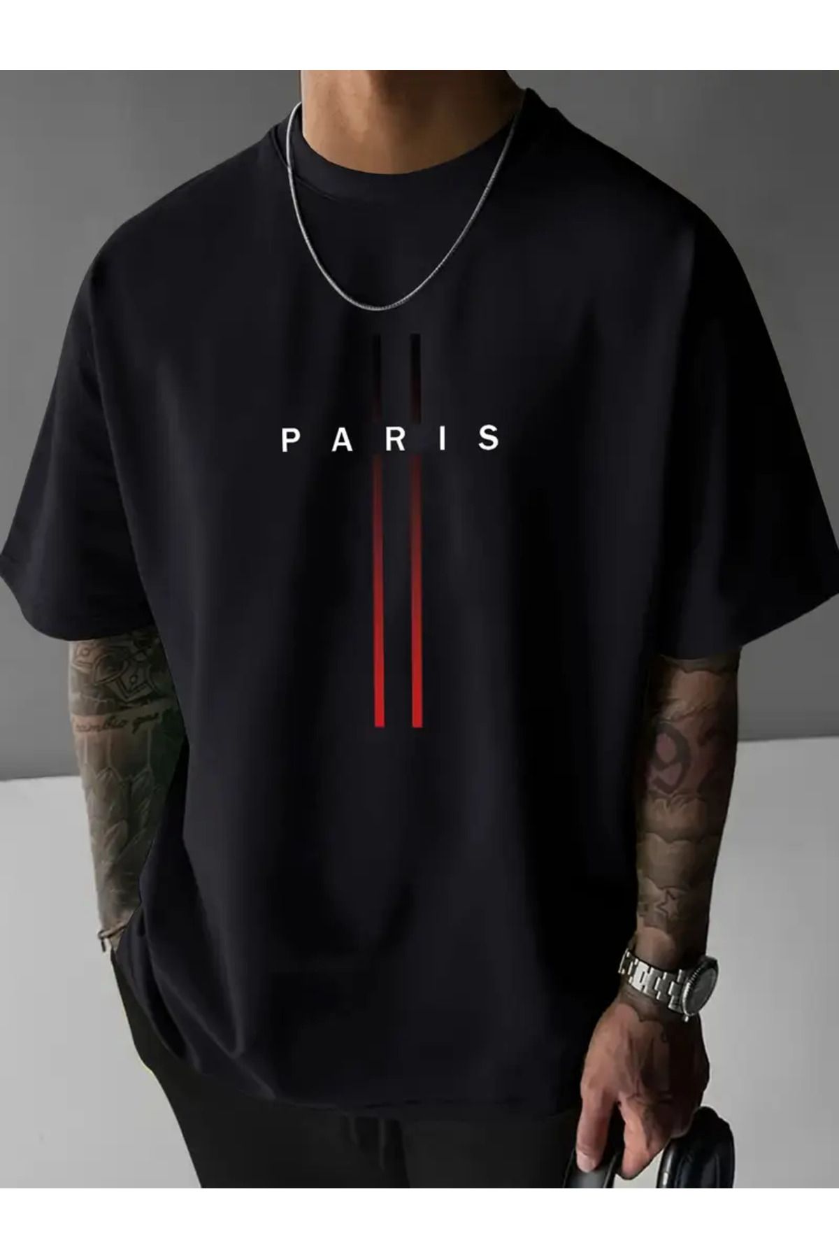LAND MODA Erkek Trendy Bol Fit Yuvarlak Yaka T-Shirt - Paris Harf Baskılı Rahat Yaz Kısa Kollu