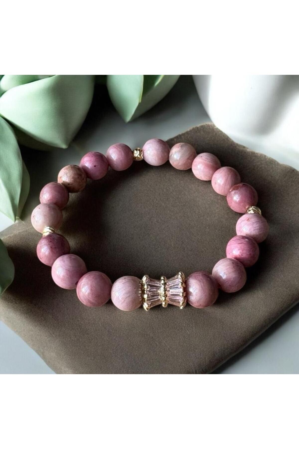 MODA Rodonit Doğaltaş & 18 Kaplama Rose Kristal Taş ile Tasarım Kadın Bileklik
