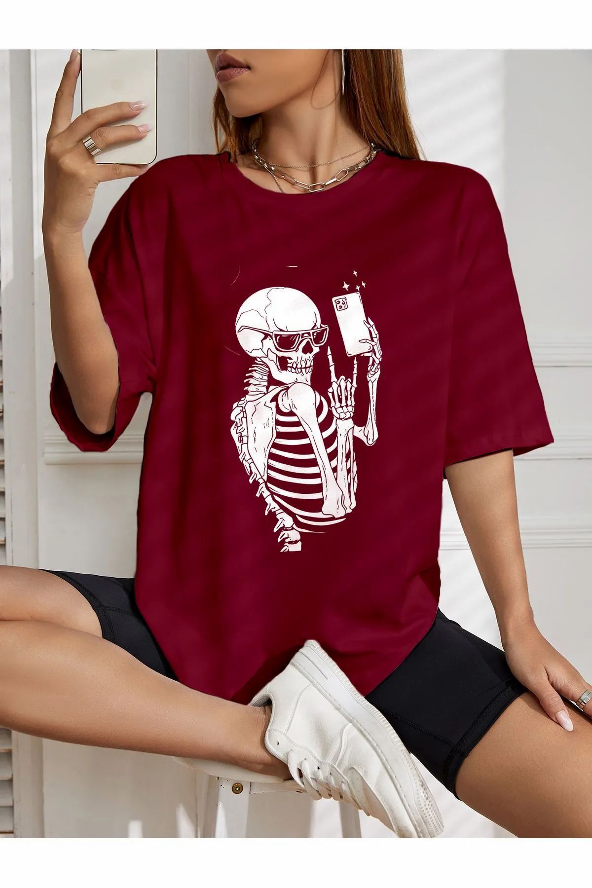 ship master oversize selvi çeken iskelet baskılı T-shirt