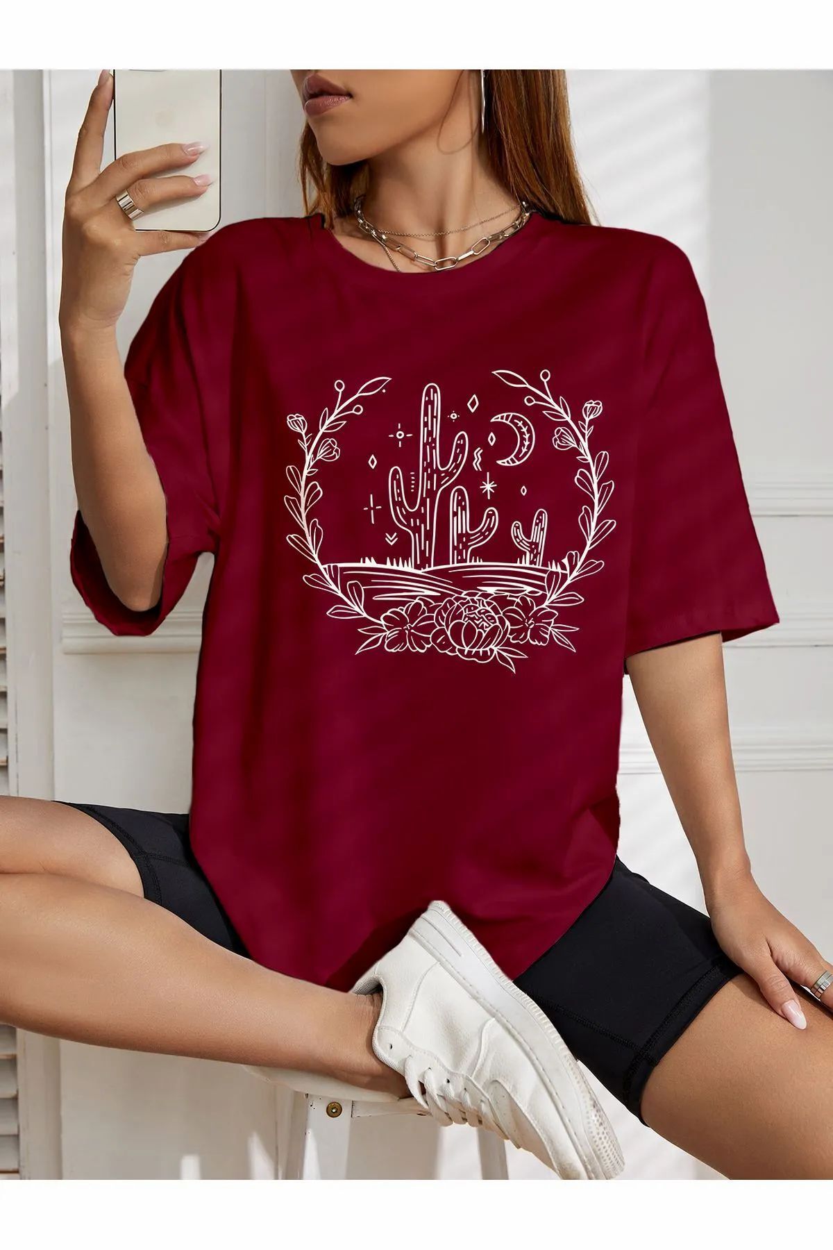 ship master oversize kaktus ile hilal baskılı T-shirt