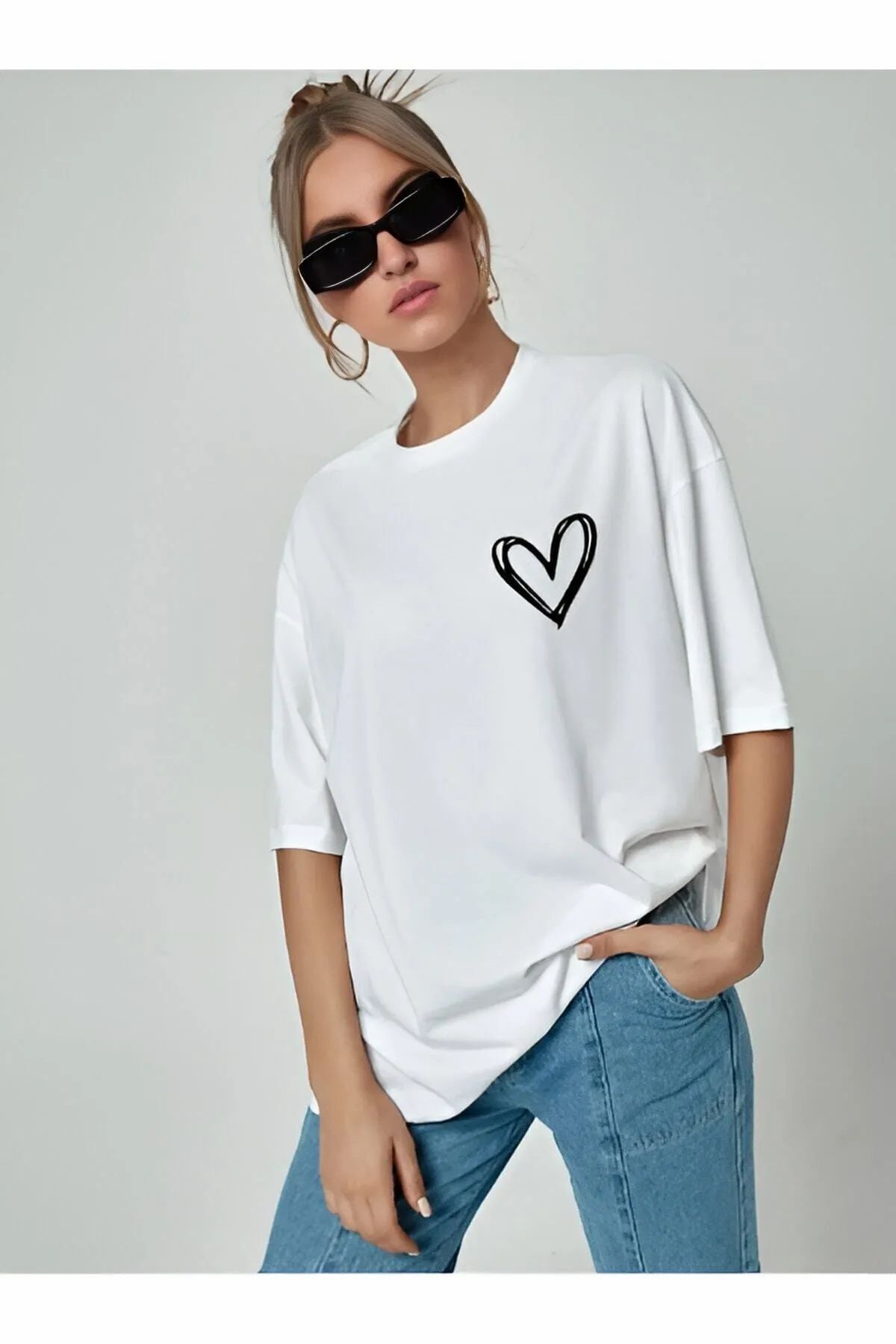 ship master Minimal Kalp Baskılı Beyaz Oversize Tshirt