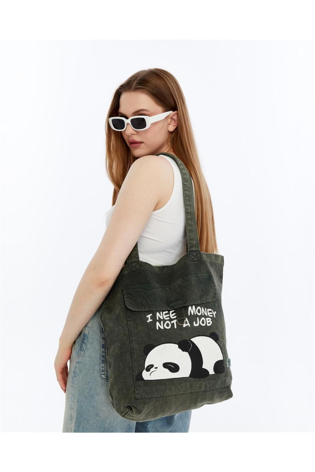S-Ponder Tembel Panda Baskılı %100 Pamuk Çıt Çıt Kapatmalı Tote Bag Bez Kol Ve Omuz Çantası