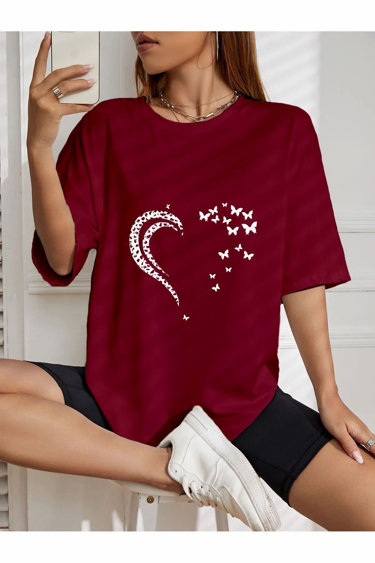 ship master oversize kelebekli kalp baskılı T-shirt