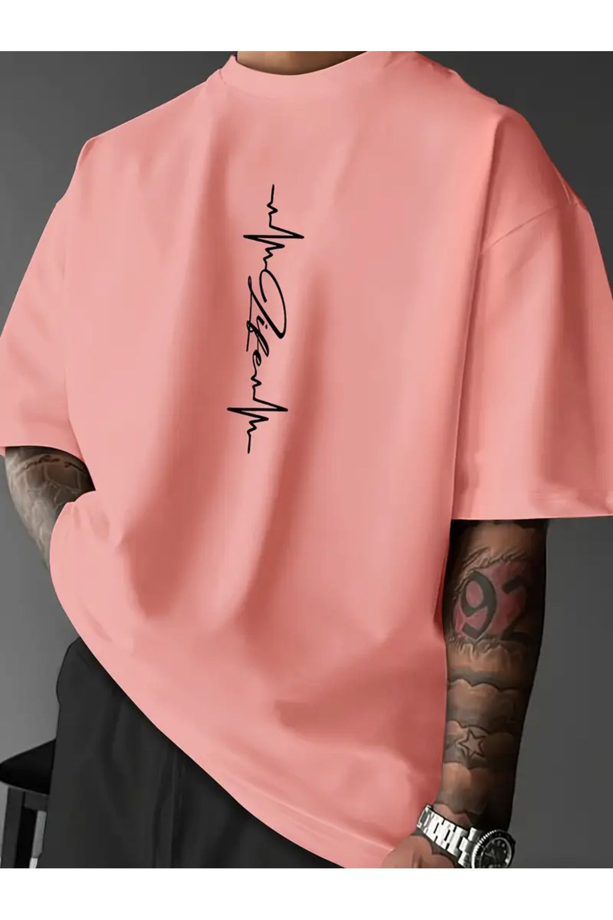 LAND MODA Erkek Rahat Bol Kısa Kollu Şık Harf Desenli Baskılı Tişört