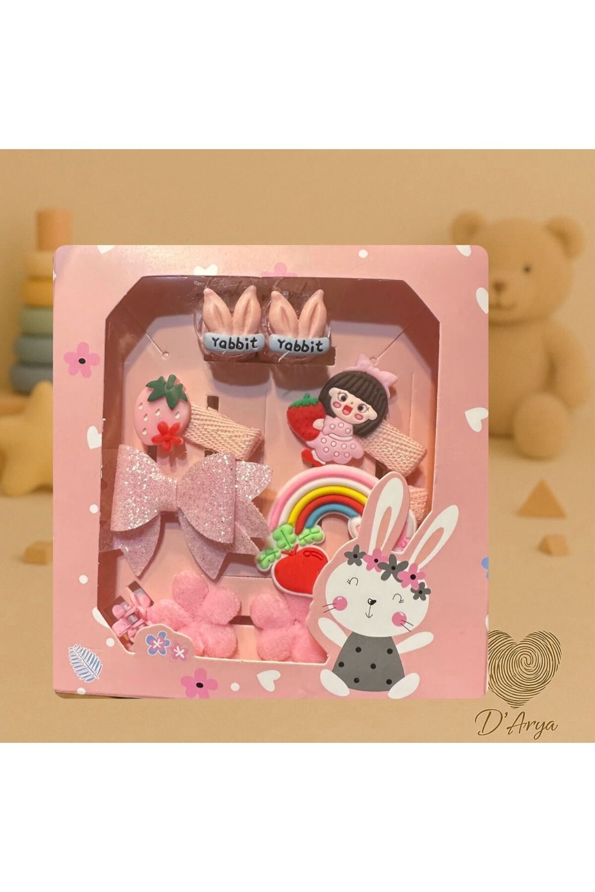 Darya DD237 Pembe Temalı 7’li Bebek & Çocuk Saç Tokası Seti Çilek Tavşan Gökkuşağı