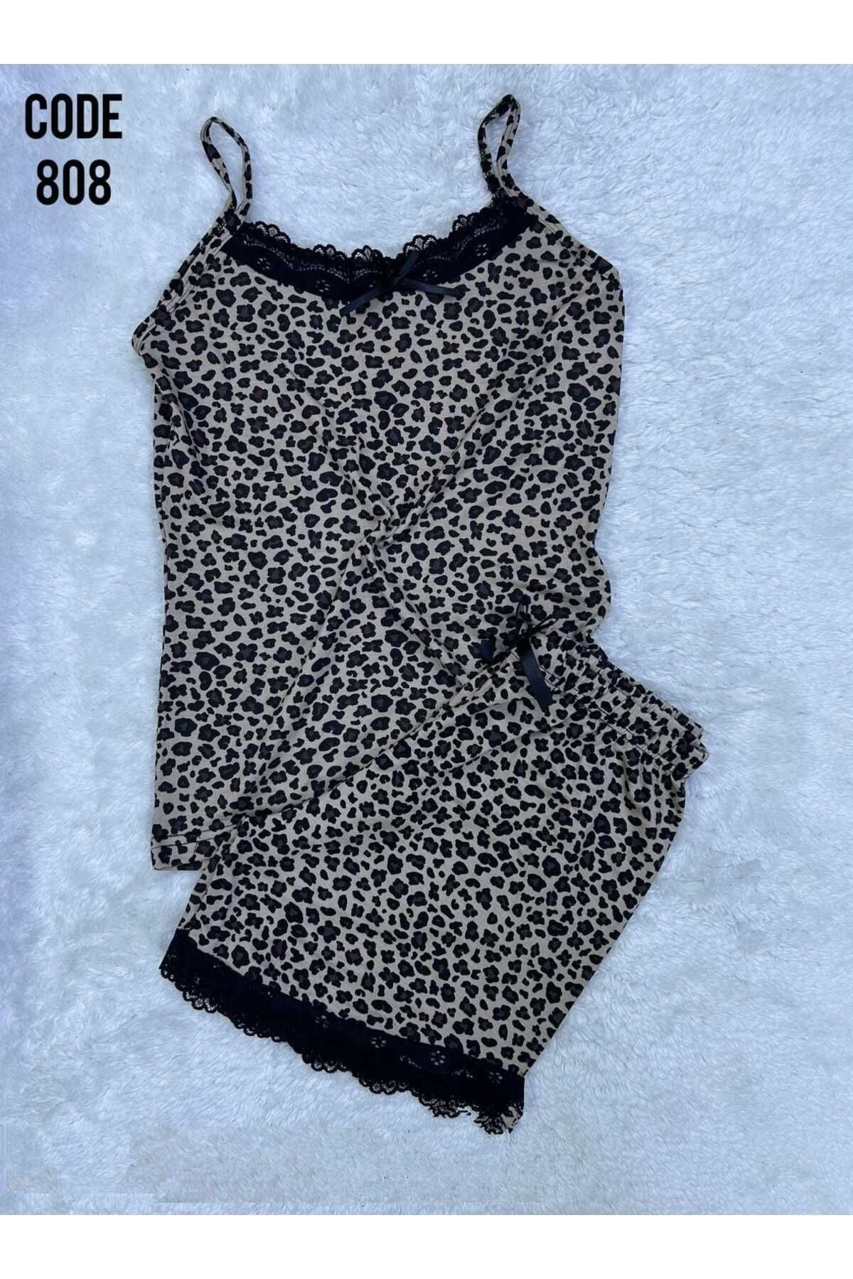 XORVİO Kadın İp Askılı Şortlu Dantel Detaylı Gecelik Desenli Yumuşacık Yazlık Modal Pijama Takım