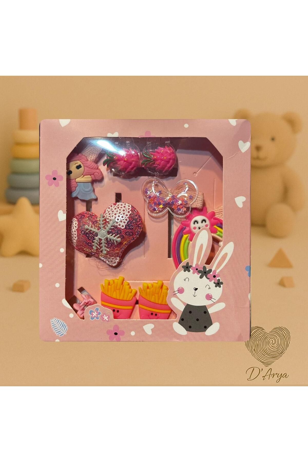 Darya DD238 Pembe Temalı 7’li Bebek & Çocuk Saç Tokası Seti Kalp Tavşan Gökkuşağı