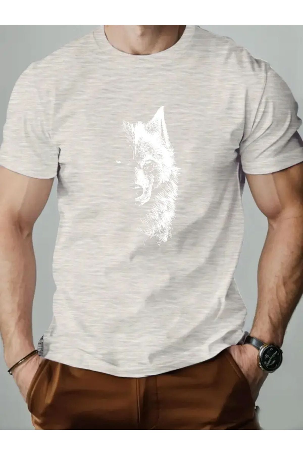 LAND MODA Erkekler için Rahat Yazlık Pamuklu T-Shirt Yarım Kurt Grafik Baskılı - Yuvarlak