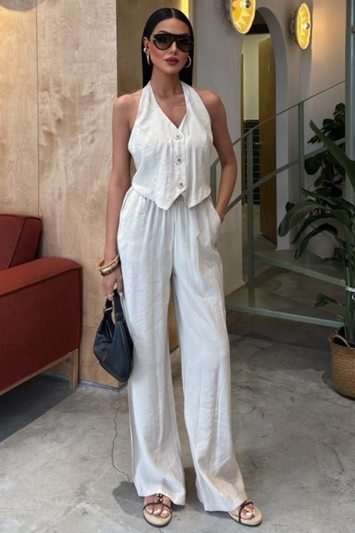 Cuyka Halter Yaka Yelekli Modal Takım 10144