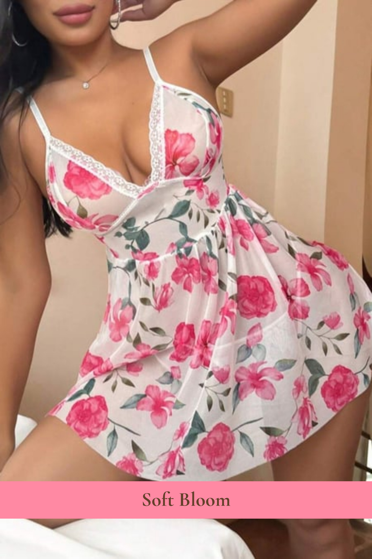 Genel Markalar Pembe Çiçek Desenli Zarif Dantel Detaylı Beyaz Transparan G-String Takımlı Gecelik