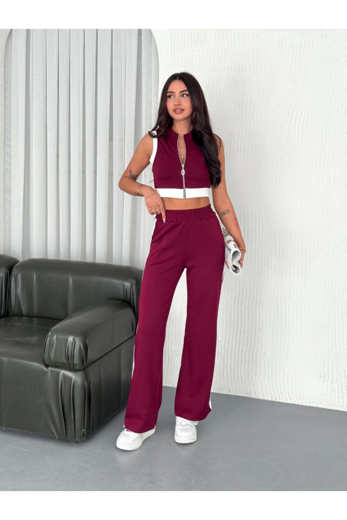 Albayrak Modal Yumuşak Dokulu Kumaş Tam Fermuarlı Crop Pantalon İkili Takım - Bordo