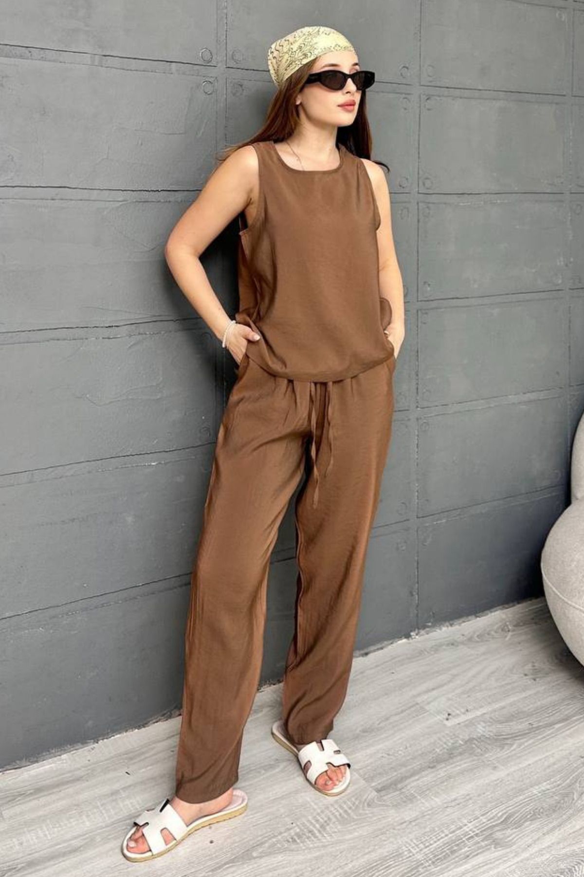 fehika Kadın Model Terletmeyen Kumaş Sıfır Kol Rahat Bluz Takım