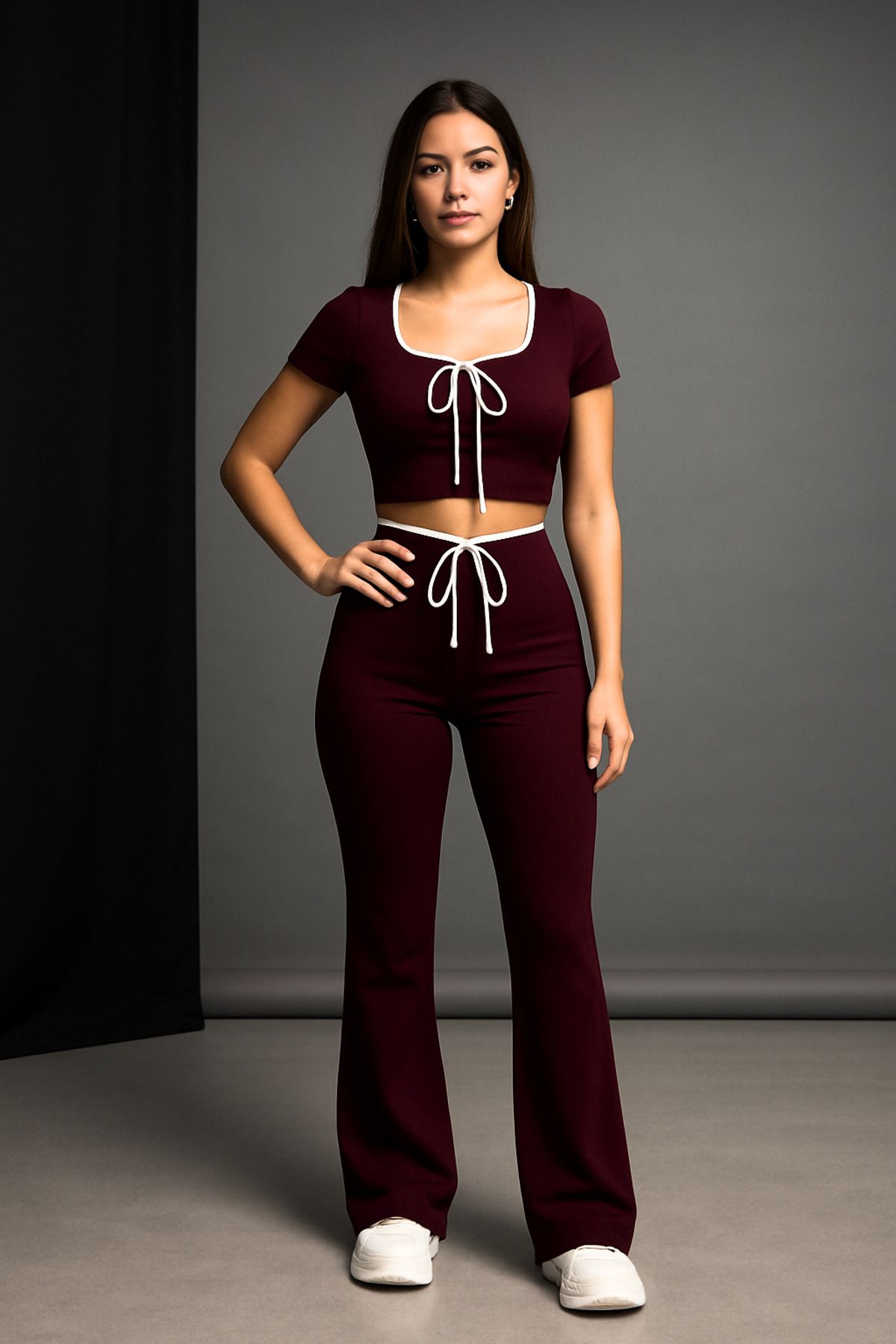 Ahsenbutik Kadın Kare Yaka Önü Bağlamalı Crop Bluz-Pantolon