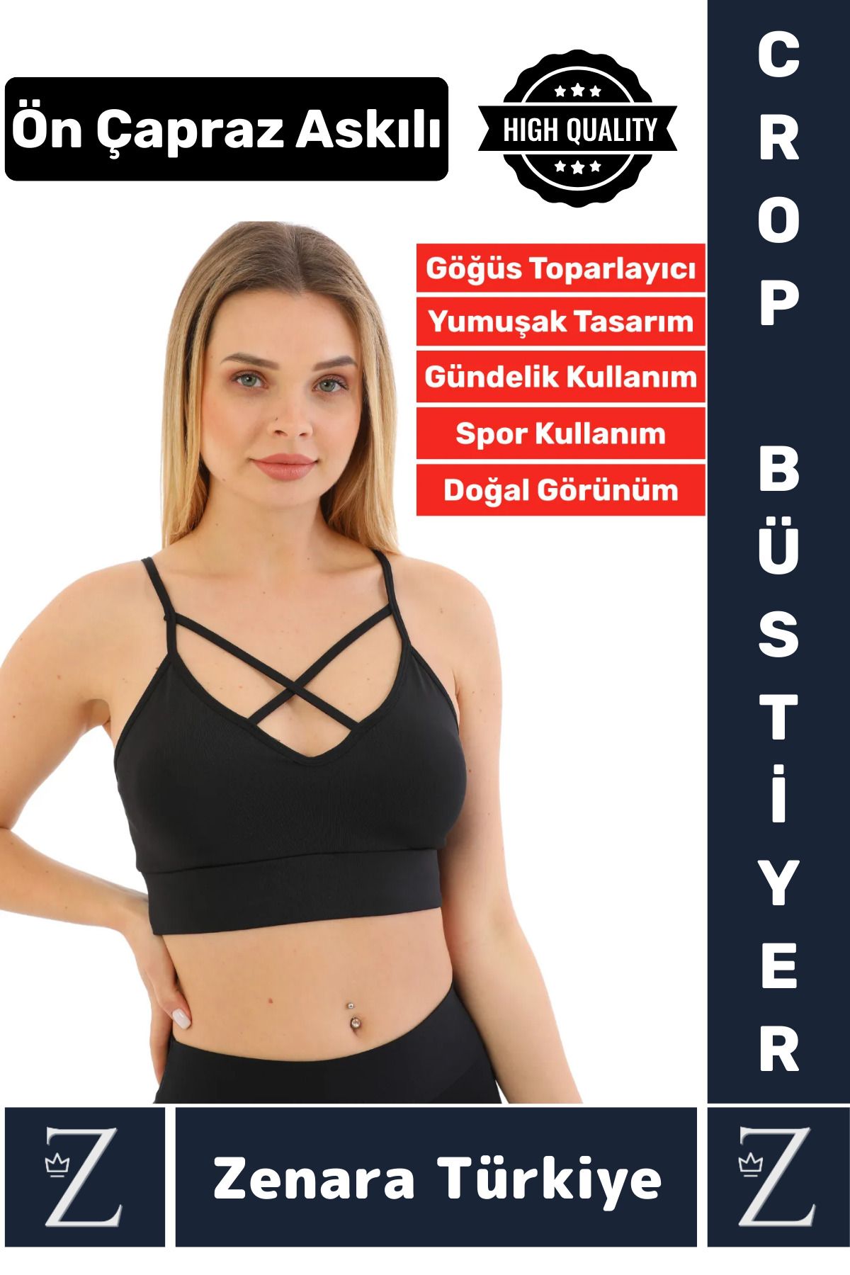 Zenara Luxery Göğüs Toparlayan Sarkma Önleyen Spor Gündelik Kullanım Ön Çapraz Askılı Micro Crop Büstiyer