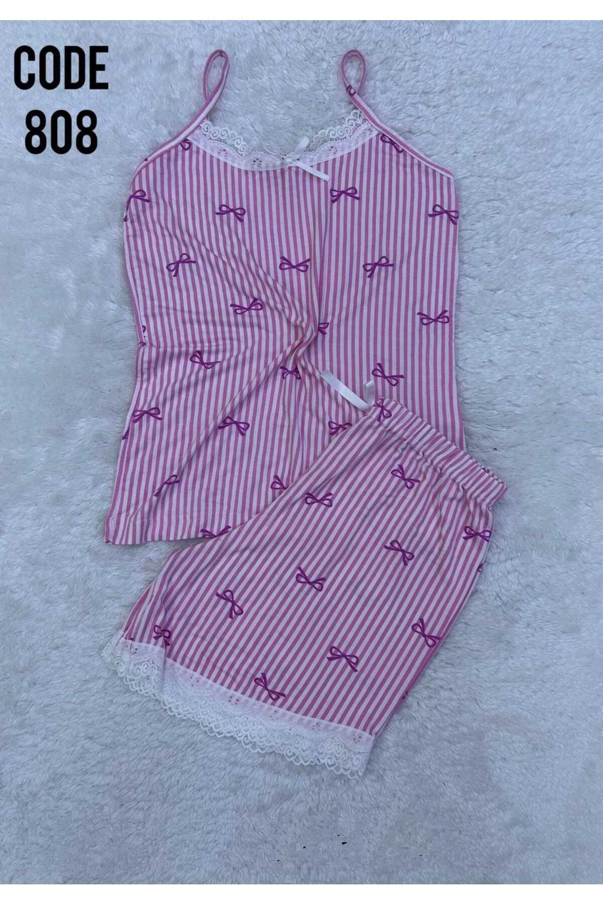 XORVİO Kadın İp Askılı Şortlu Dantel Detaylı Gecelik Desenli Yumuşacık Yazlık Modal Pijama Takım