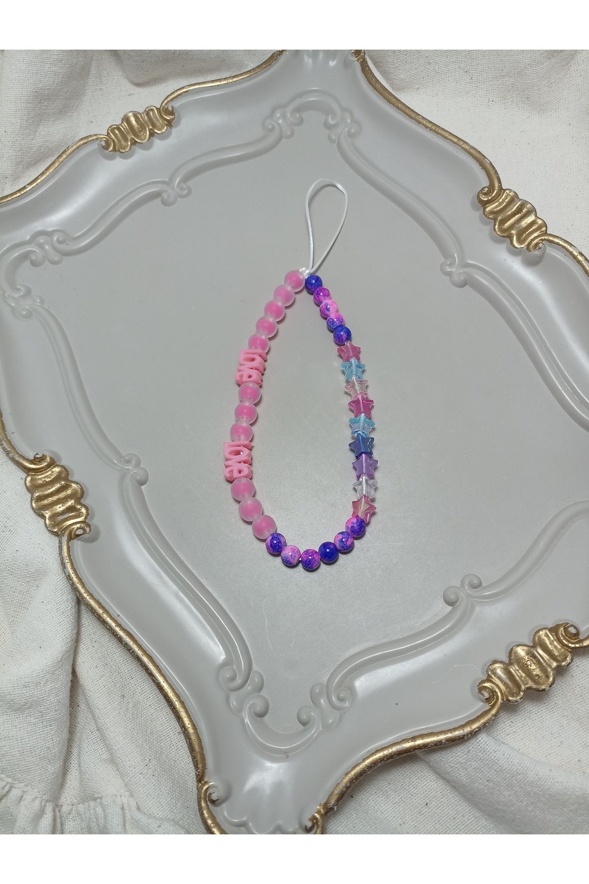 ida design store fuşya boncuklar ve yıldız ile love detaylı çanta ve telefon charmı