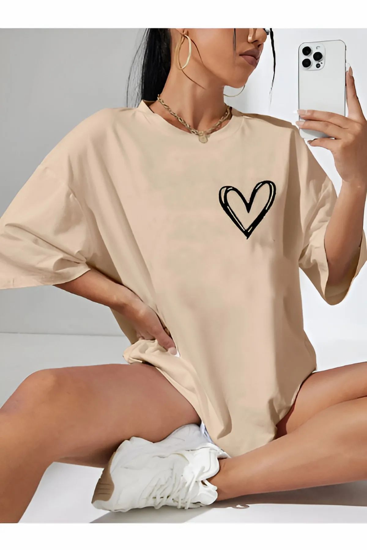 ship master Minimal Kalp Baskılı Beyaz Oversize Tshirt