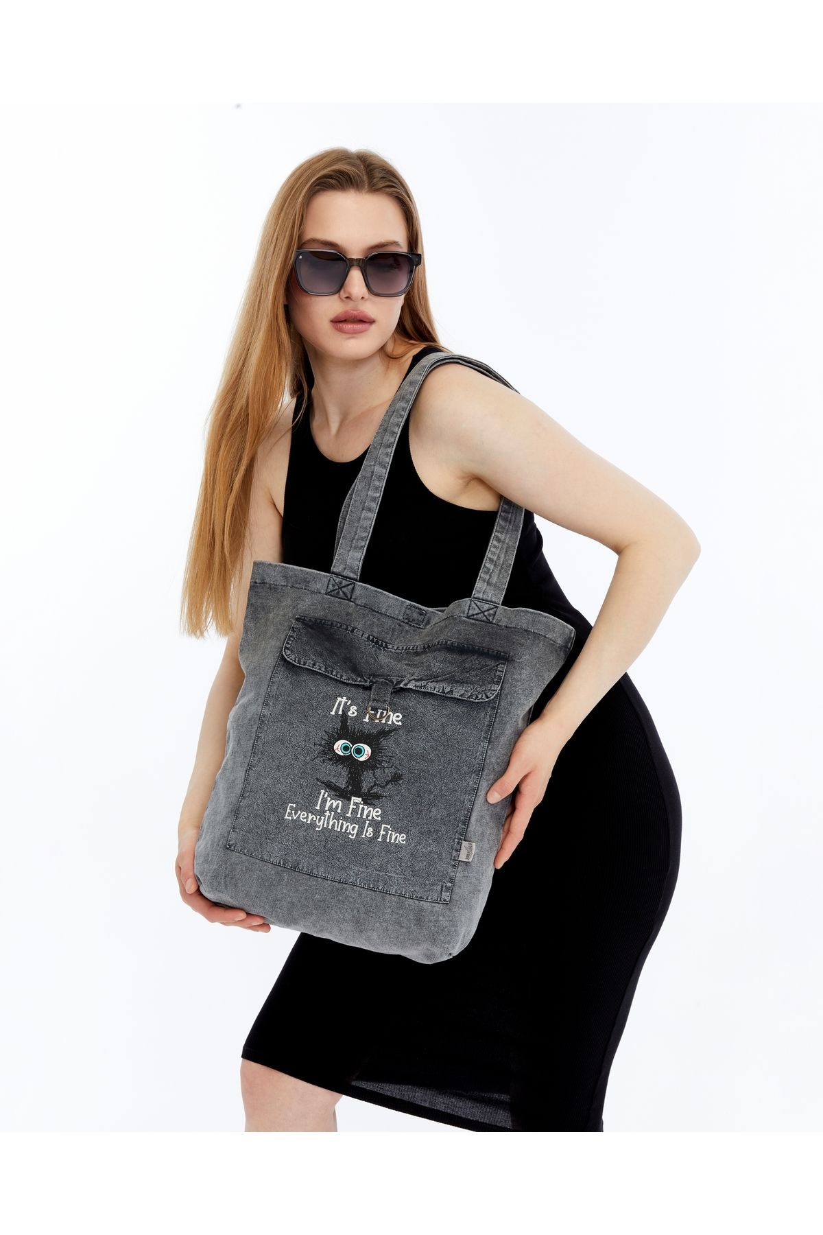 S-Ponder Her Şey Yolunda Baskılı %100 Pamuk Çıt Çıt Kapatmalı Tote Bag Bez Kol Ve Omuz Çantası