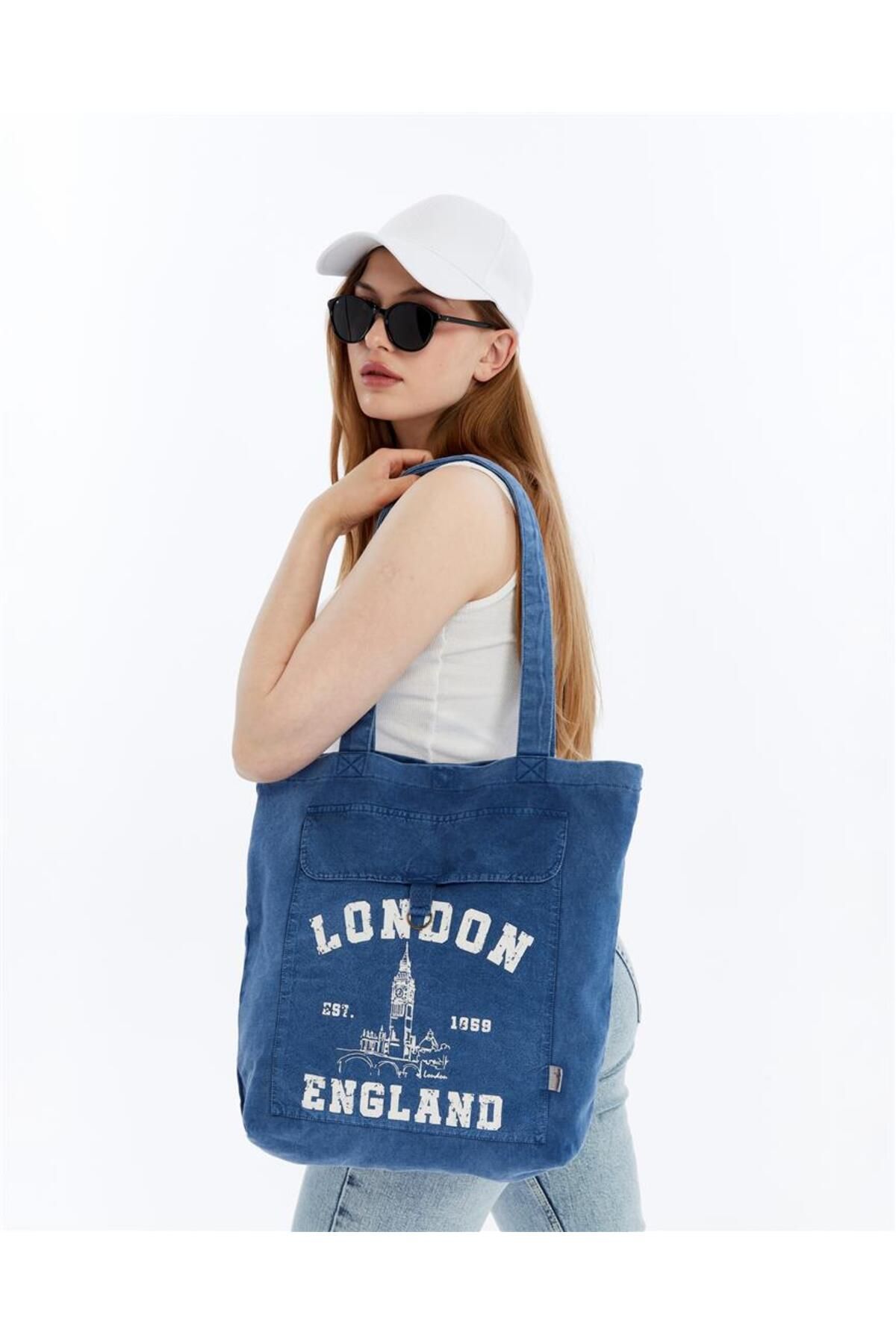 S-Ponder England London Baskılı %100 Pamuk Çıt Çıt Kapatmalı Tote Bag Bez Kol Ve Omuz Çantası