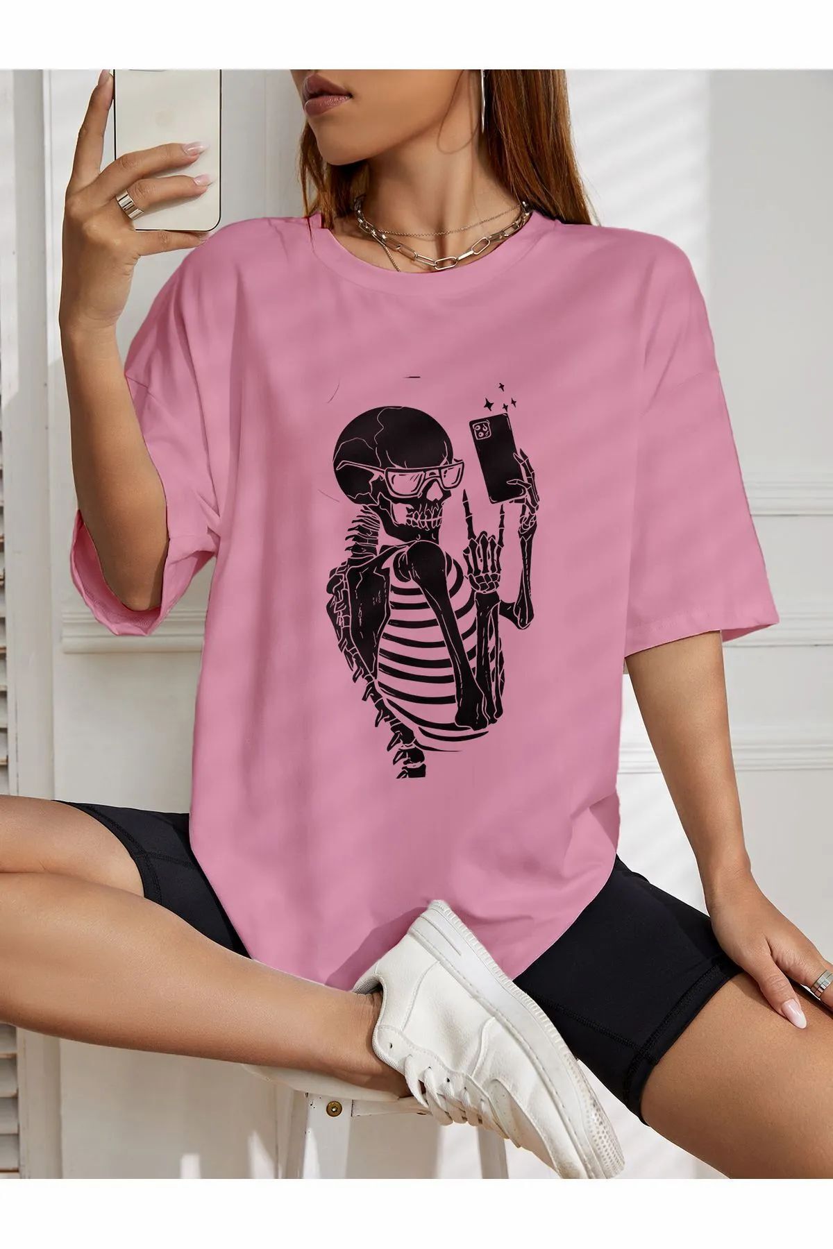 ship master oversize selvi çeken iskelet baskılı T-shirt