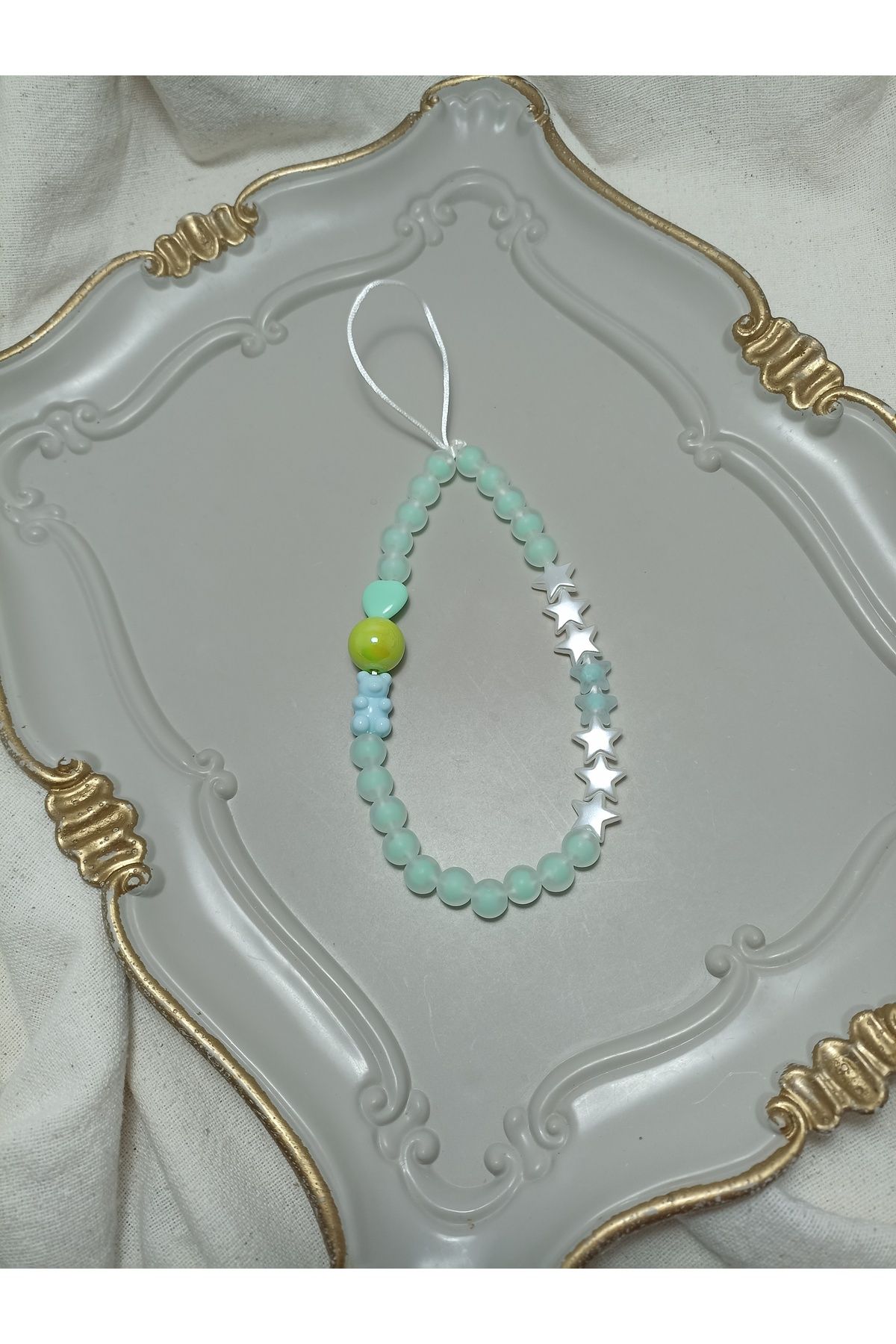 ida design store su yeşili boncuklar ile kalp ve ayıcık detaylı çanta ve telefon charmı