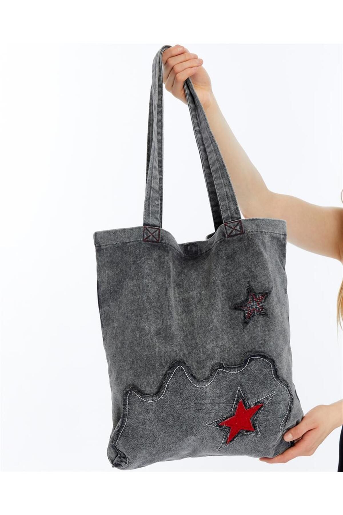 S-Ponder Kırmızı Yıldızlı %100 Pamuk Çıtçıt Kapamalı Tote Bag Bez Kol ve Omuz Çantası