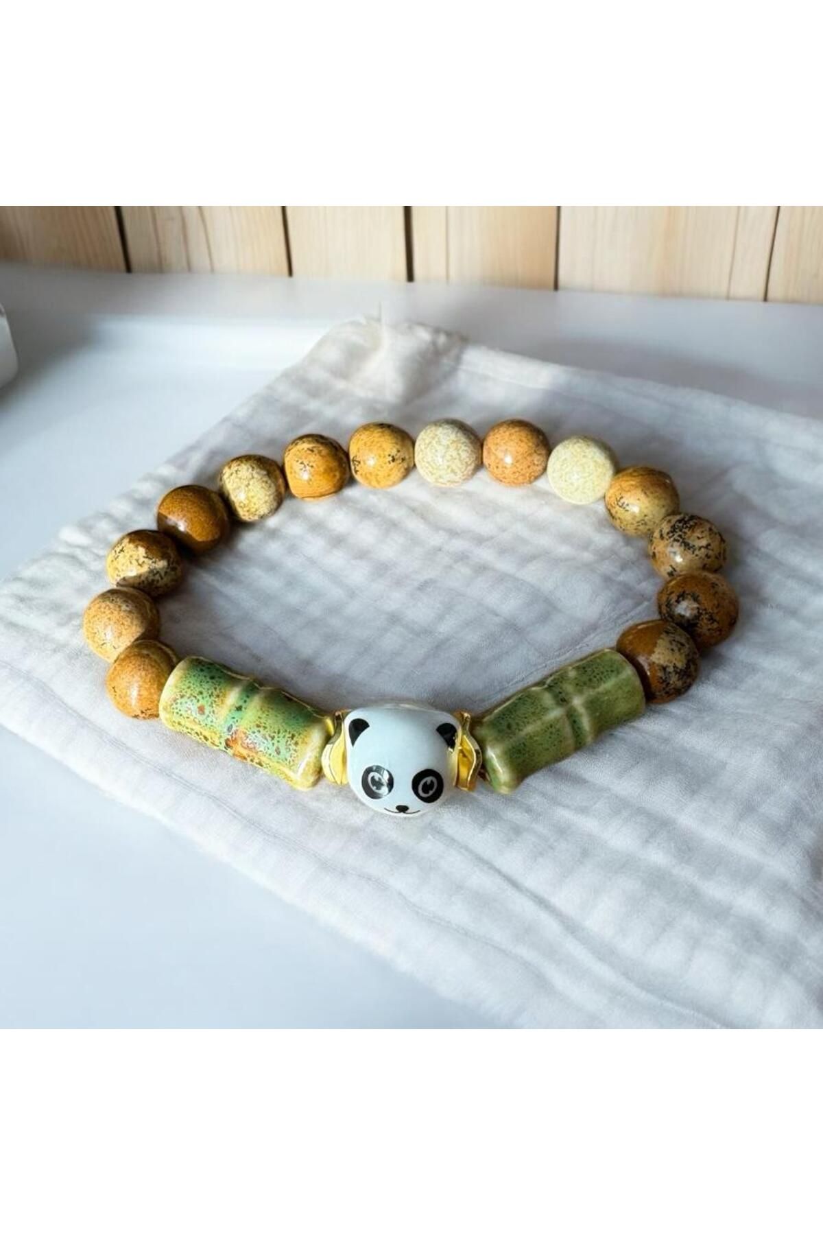 MODA Panda - Odun Jasper Doğaltaş ve Bambu & Panda Seramik Boncuklar ile Tasarım Kadın Bileklik