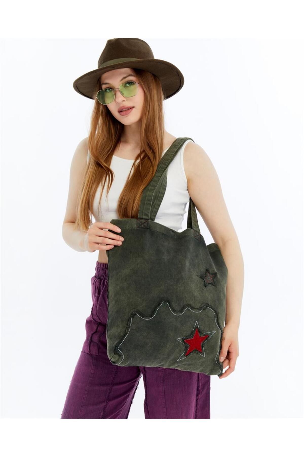 S-Ponder Kırmızı Yıldızlı %100 Pamuk Çıtçıt Kapamalı Tote Bag Bez Kol ve Omuz Çantası