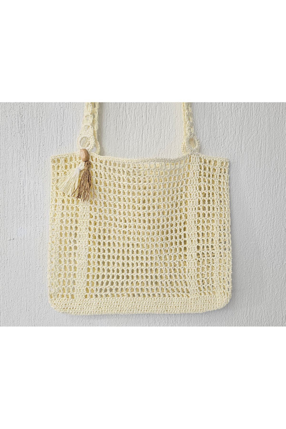 Kotans Sade Krem Renk Kağıt İp Örgü Geniş Plaj Çantası Orta Boy 40 cm x 33 cm