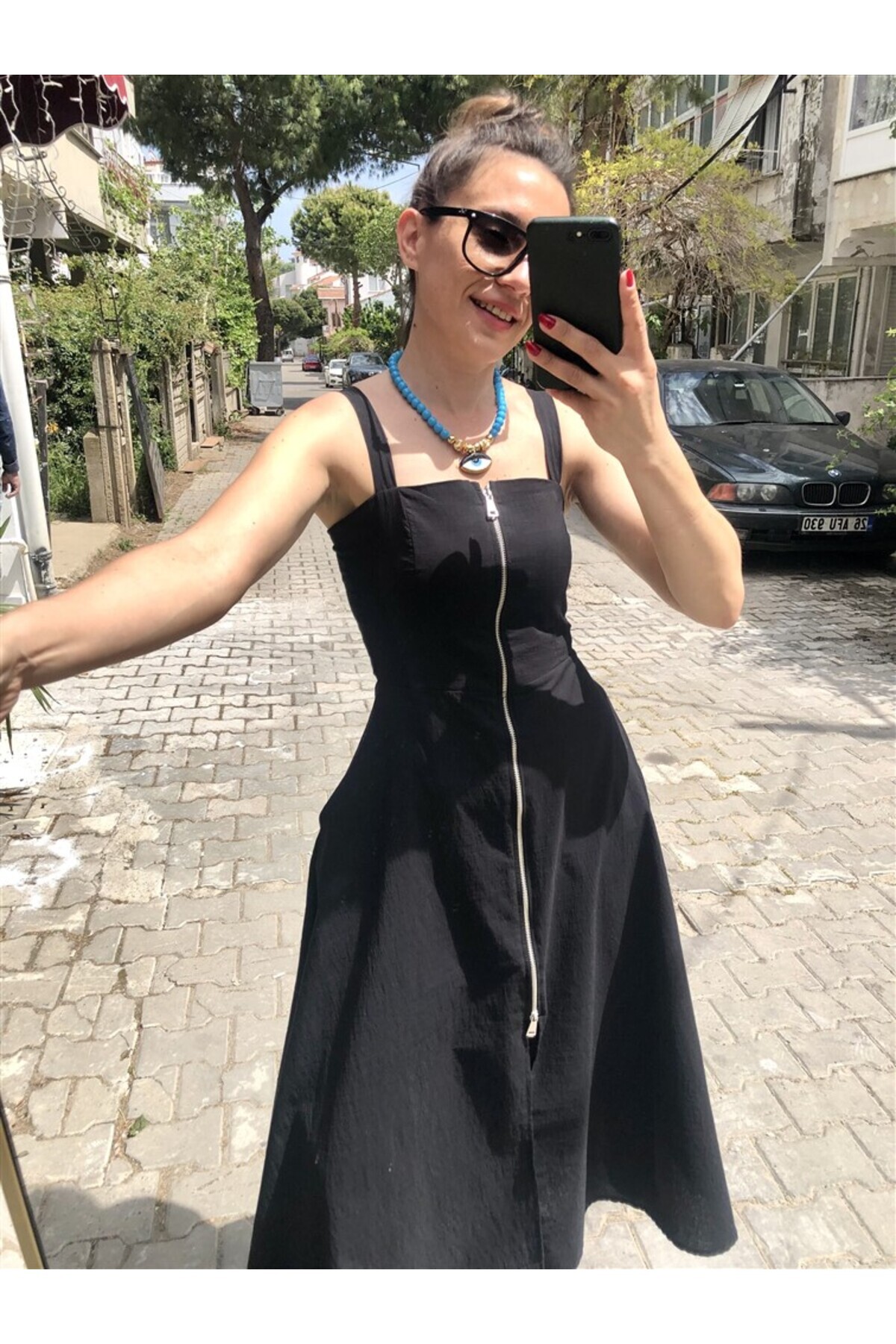Gözde Tasarım Butik-WOMEN THICK STRAPS MIDI LENGTH DOUBLE SIDE ZIPPER PARACHUTE FABRIC DRESS 5