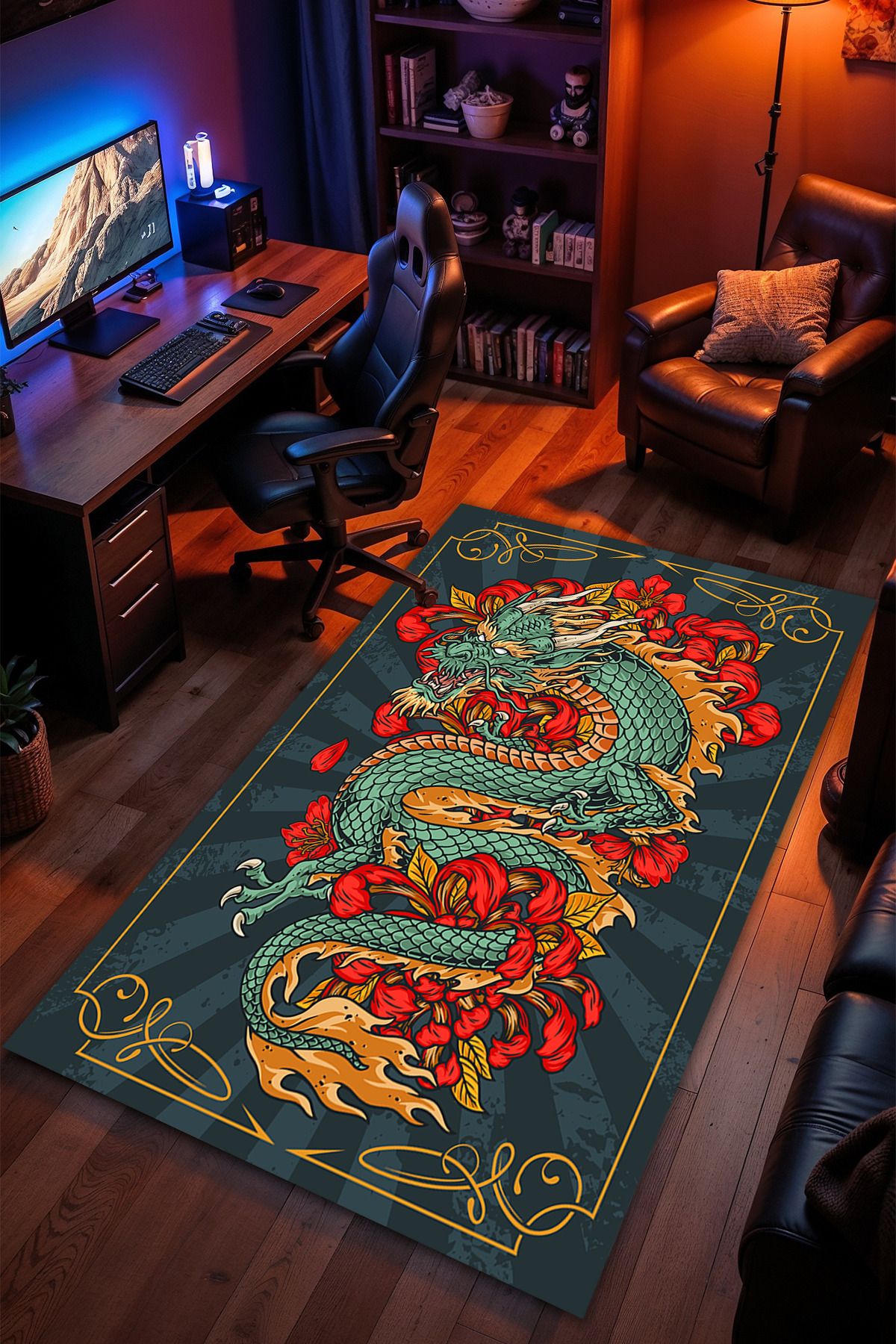 Charmbi Ejderha Desenli Kaymaz Taban Makinede Yıkanabilir Gaming Oyuncu Gamer Genç Odası Halısı