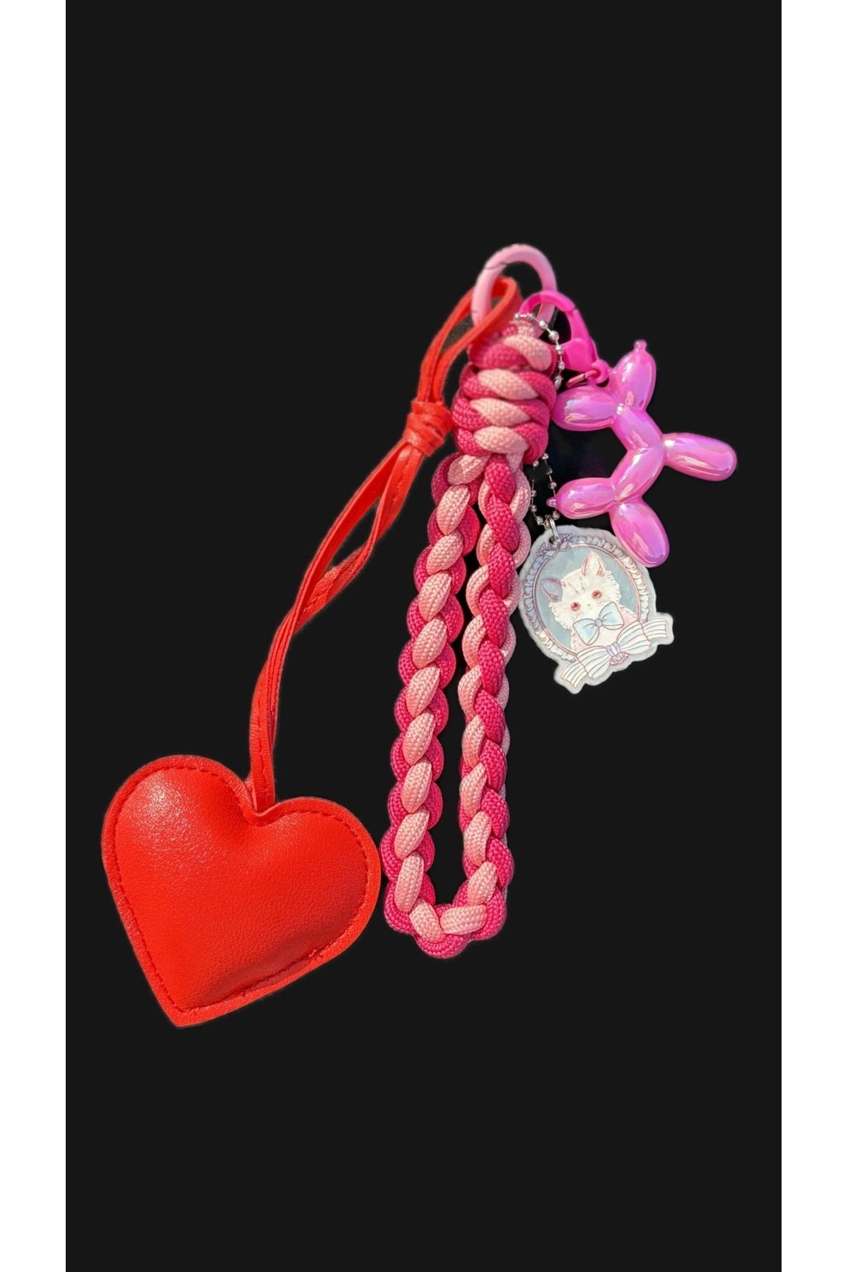 Omarder Deri Kırmızı kalp, bağcık, balon köpek ve kedi figürlü çanta charmı