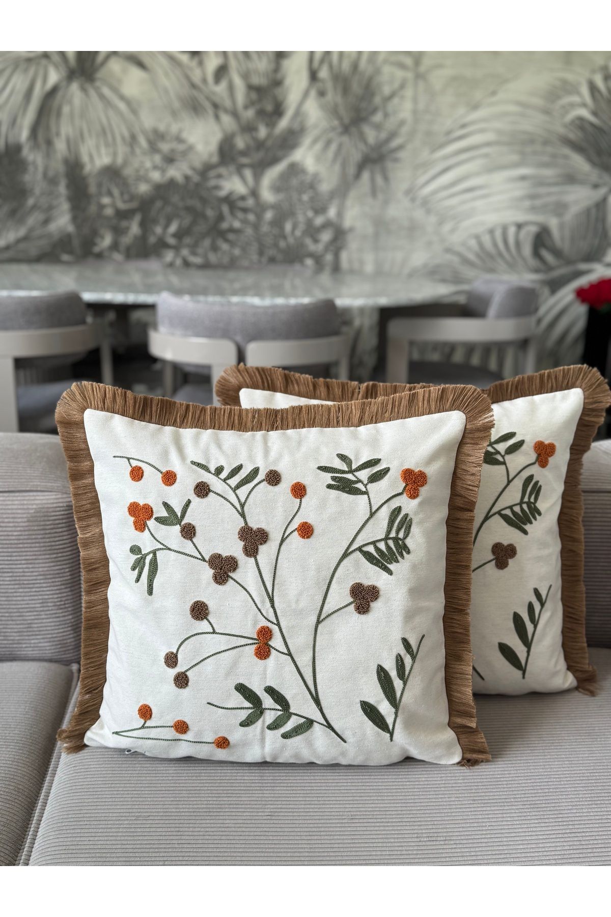 Skhome Üzüm Dalı Punch İşlemeli Saçaklı Kırlent Kılıfı 1 Adet 43x43cm(SPNC-09)
