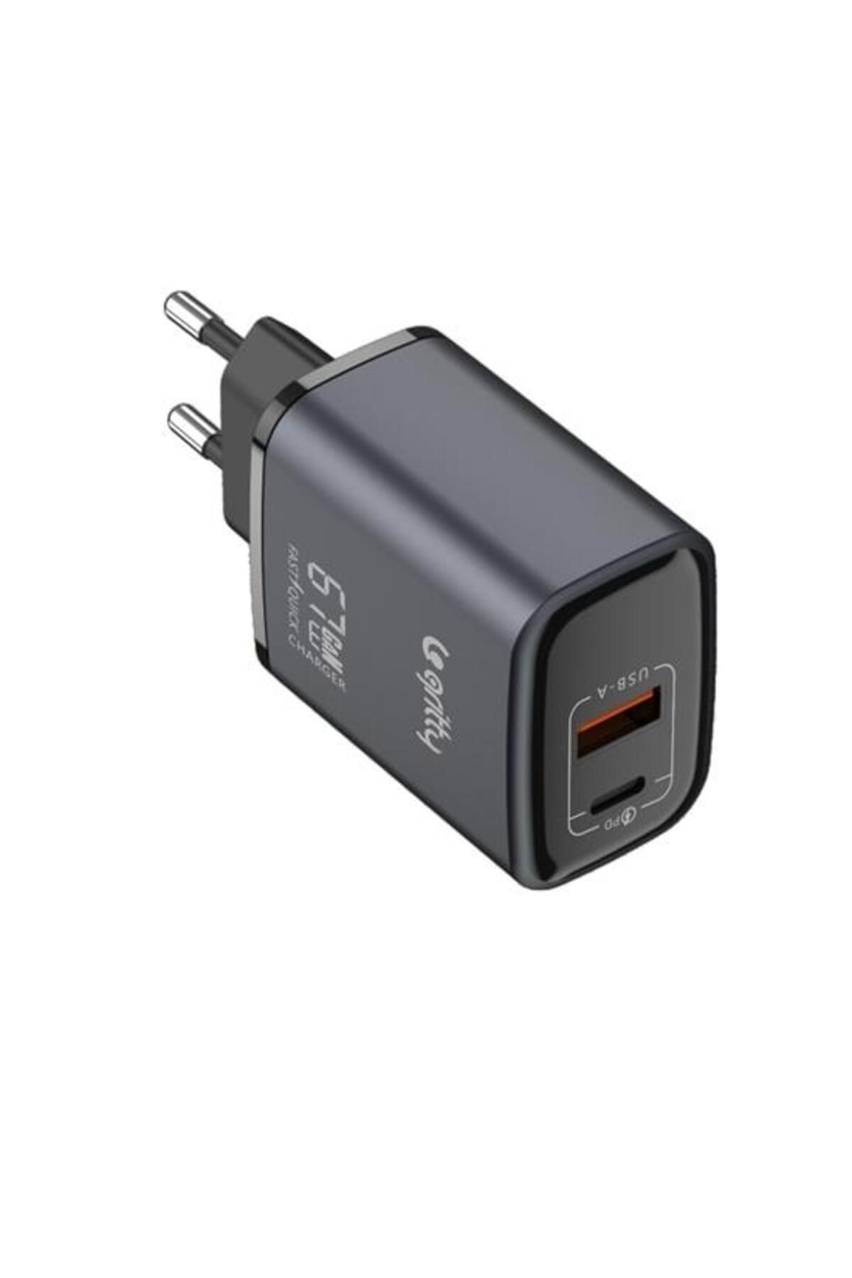 Gritty GAN 67W 2 Portlu USB-A Type-C PD Hızlı Şarj Adaptörü Siyah (GC-U67)