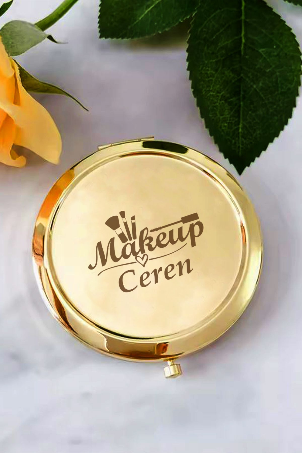 İŞTE BU Kişiye Özel İsimli Makeup Baskılı Daire Metal Ayna Çanta, Cep ve Makyaj Aynası
