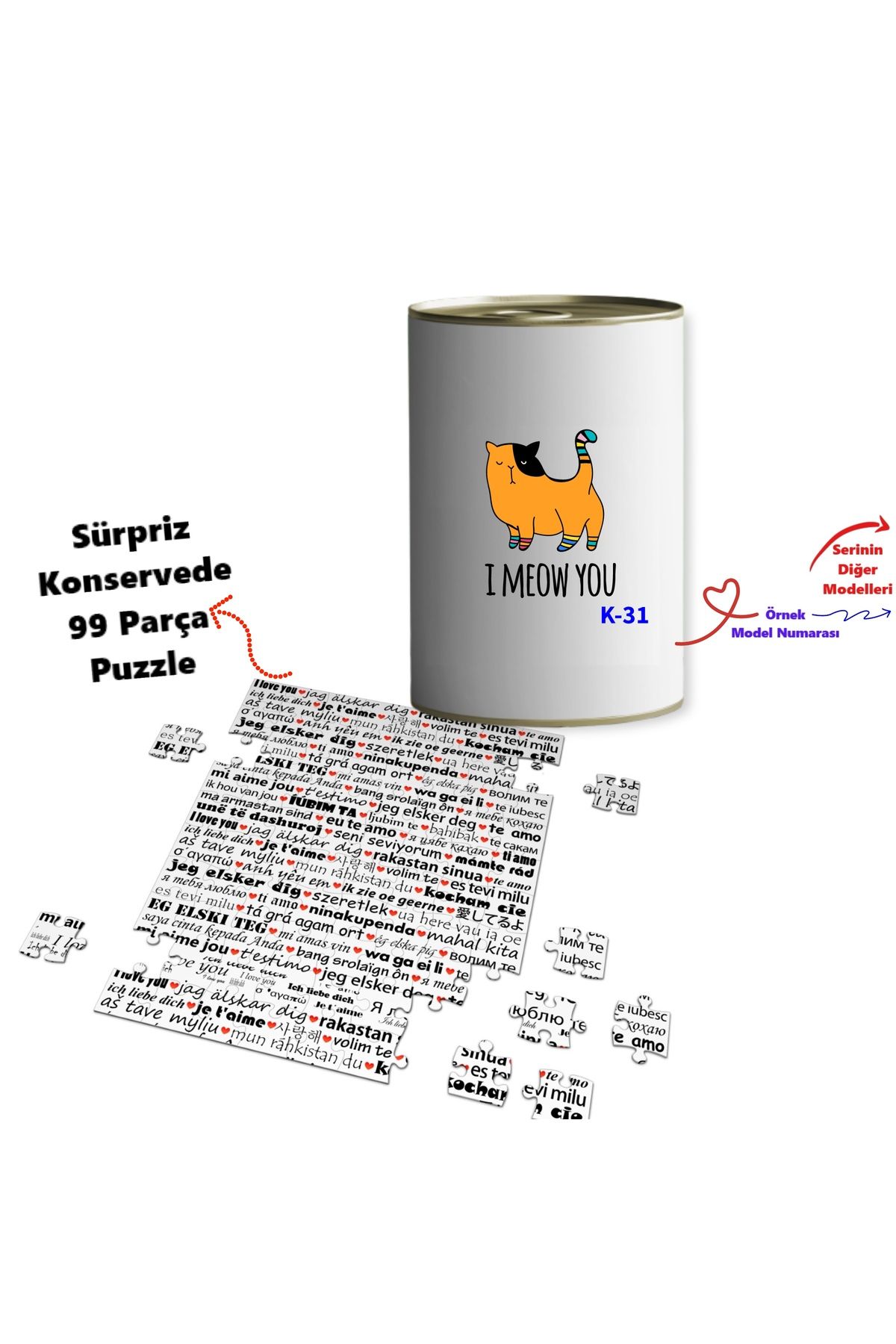 E-Hediyeci 100 Dilde Seni Seviyorum Puzlle Konserve Kutusu Kedi Tasarımlı K Serisi (100 Model)