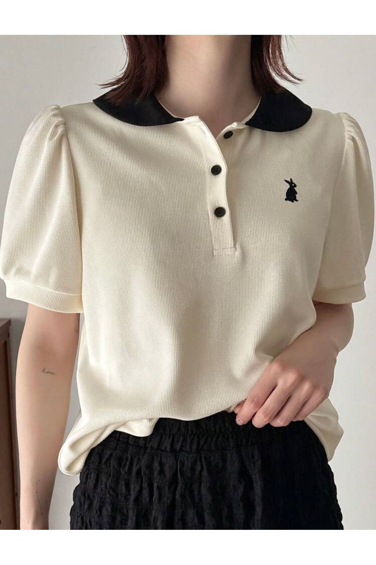 miyoshi Kadın Polo Yaka Tavşan Desen Detaylı Triko T-shirt
