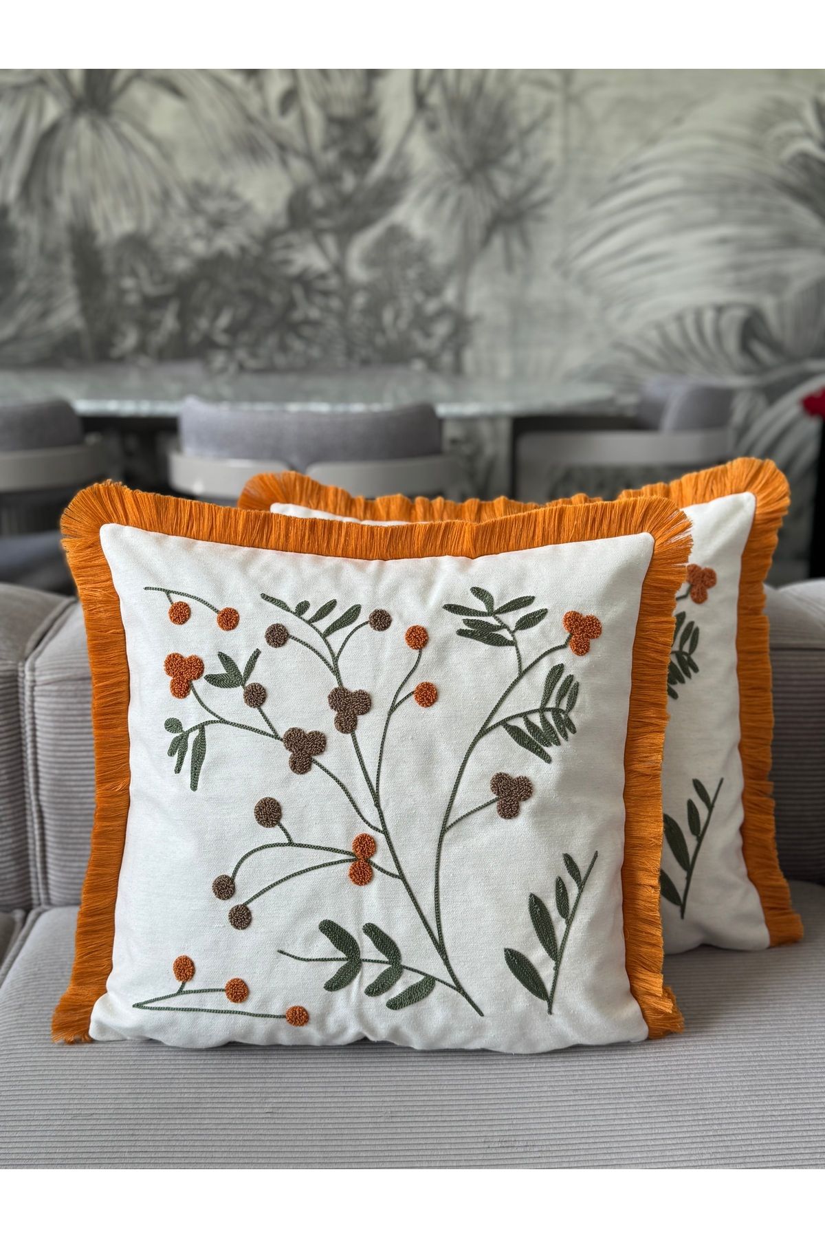 Skhome Üzüm Dalı Punch İşlemeli Saçaklı Kırlent Kılıfı 1 Adet 43x43cm(SPNC-11)