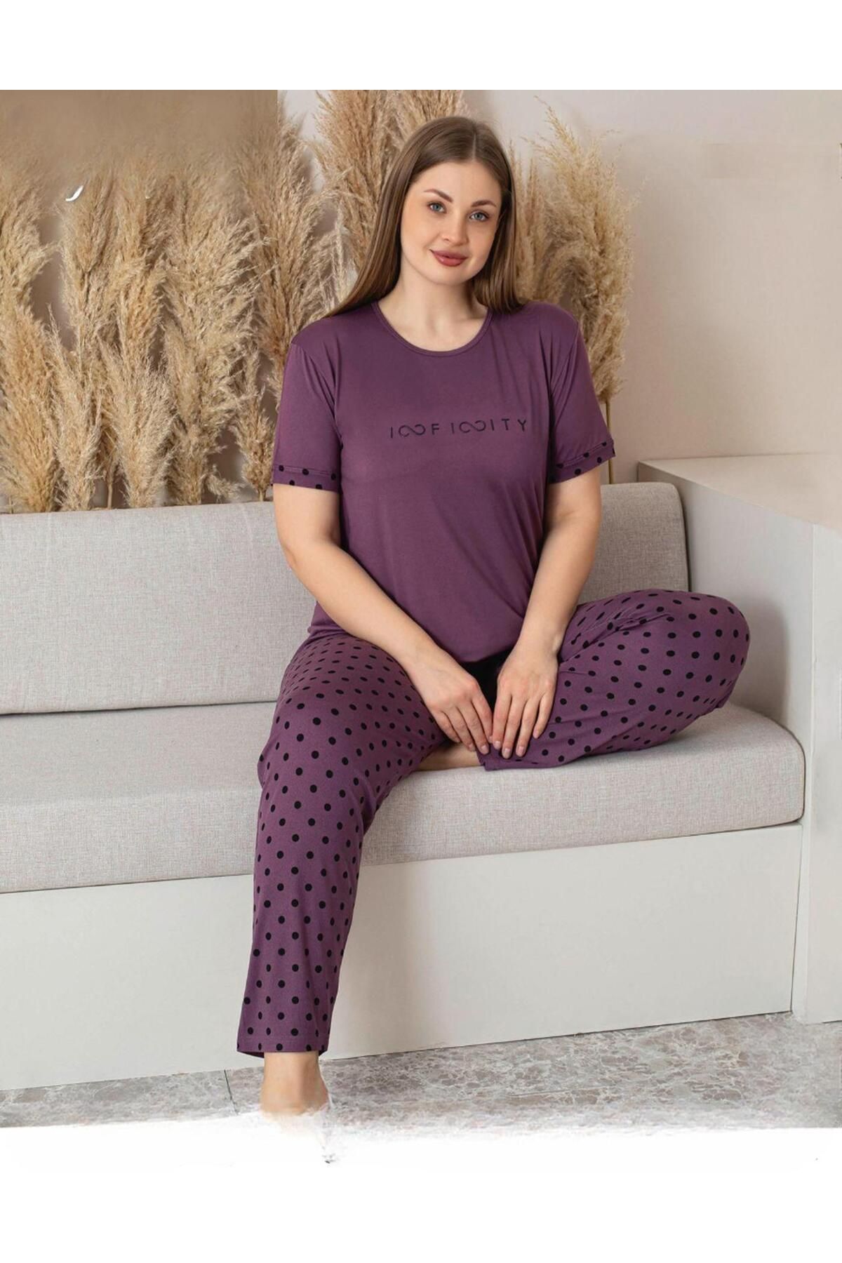 Pijamoni Kadın Milan Büyük Beden Bisiklet Yaka Kısa Kol İnce Pijama Takımı 7665/1- 1 Adet