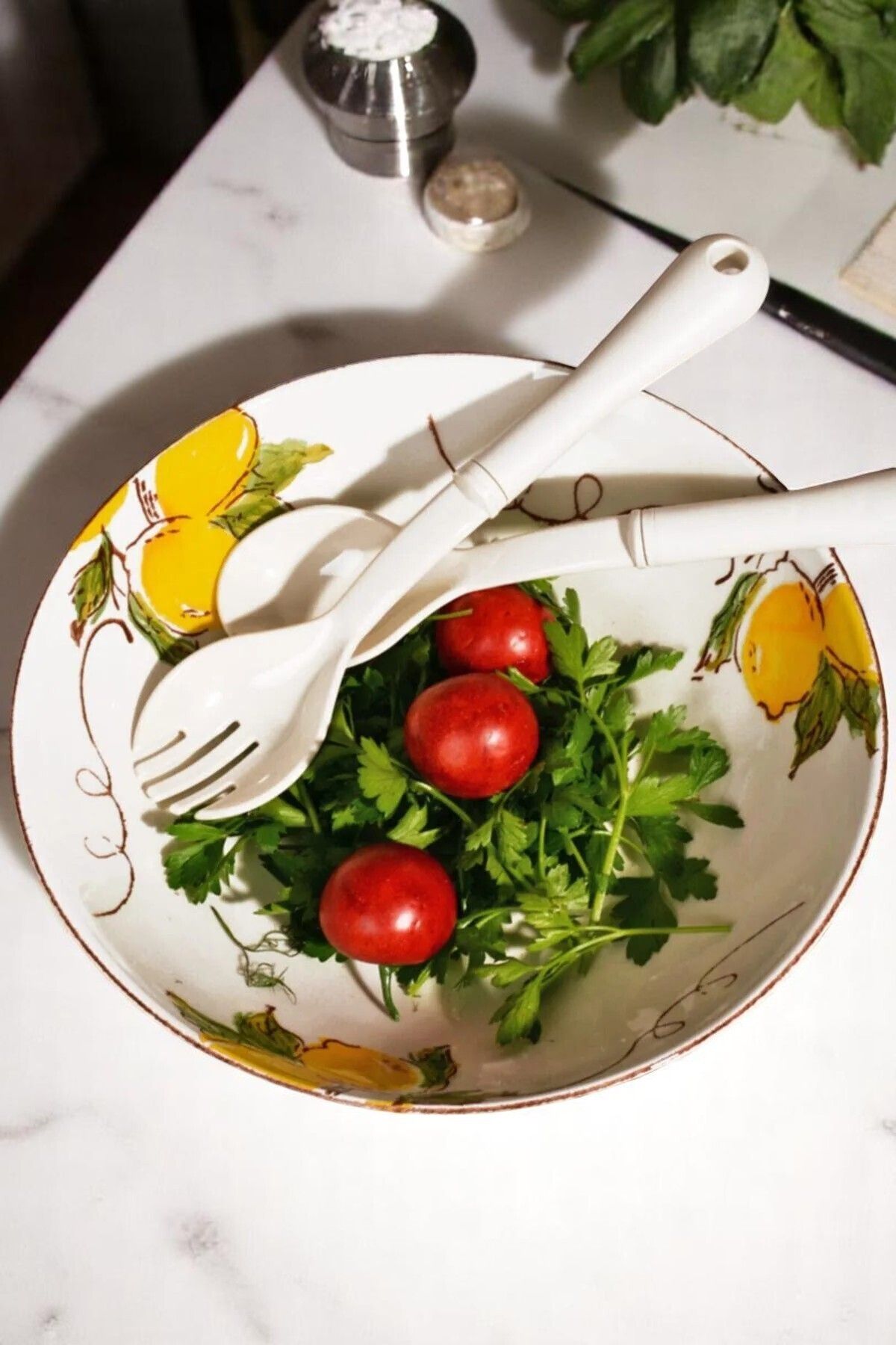 Home Limon Desenli El Yapımı Seramik Yuvarlak Salata Kasesi 26 cm