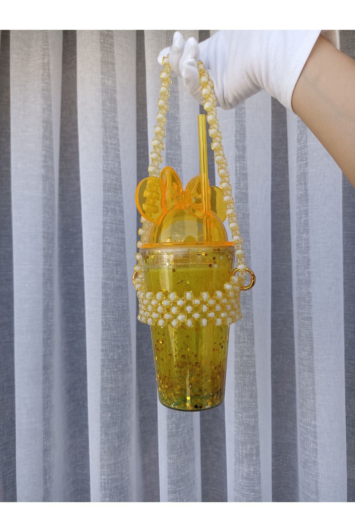 ida design store sarı içi simli su dolgulu çift katmanlı soğuk içecek bardağı ve el yapımı cup holder