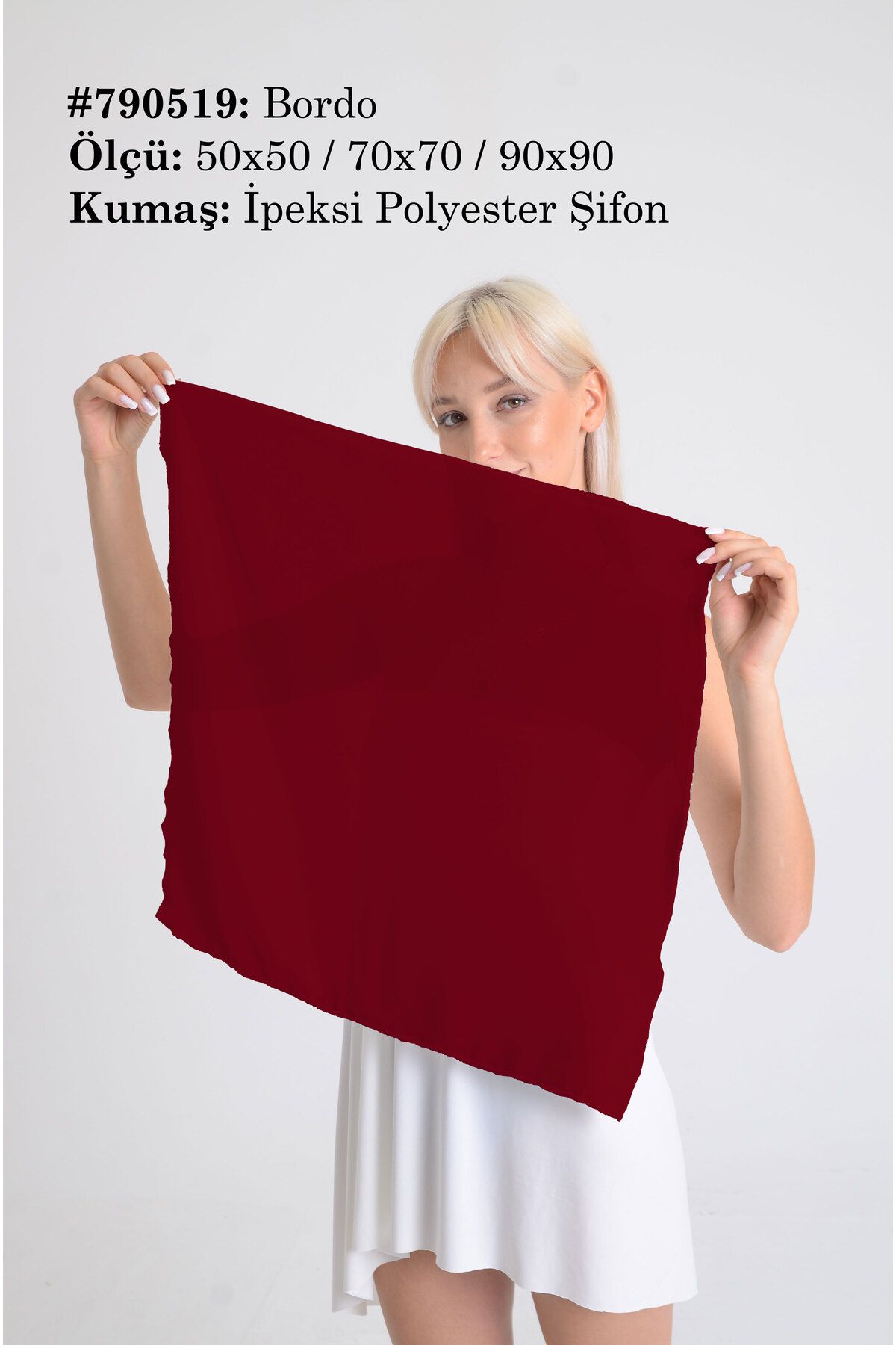 DESENİX Bordo Renk İpeksi Şifon Fular - Şal, Eşarp, Boyunluk - 50x50, 70x70, 90x90 cm