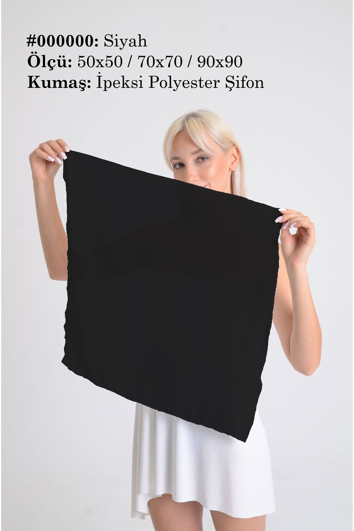DESENİX Siyah Renk İpeksi Şifon Fular - Şal, Eşarp, Boyunluk - 50x50, 70x70, 90x90 cm