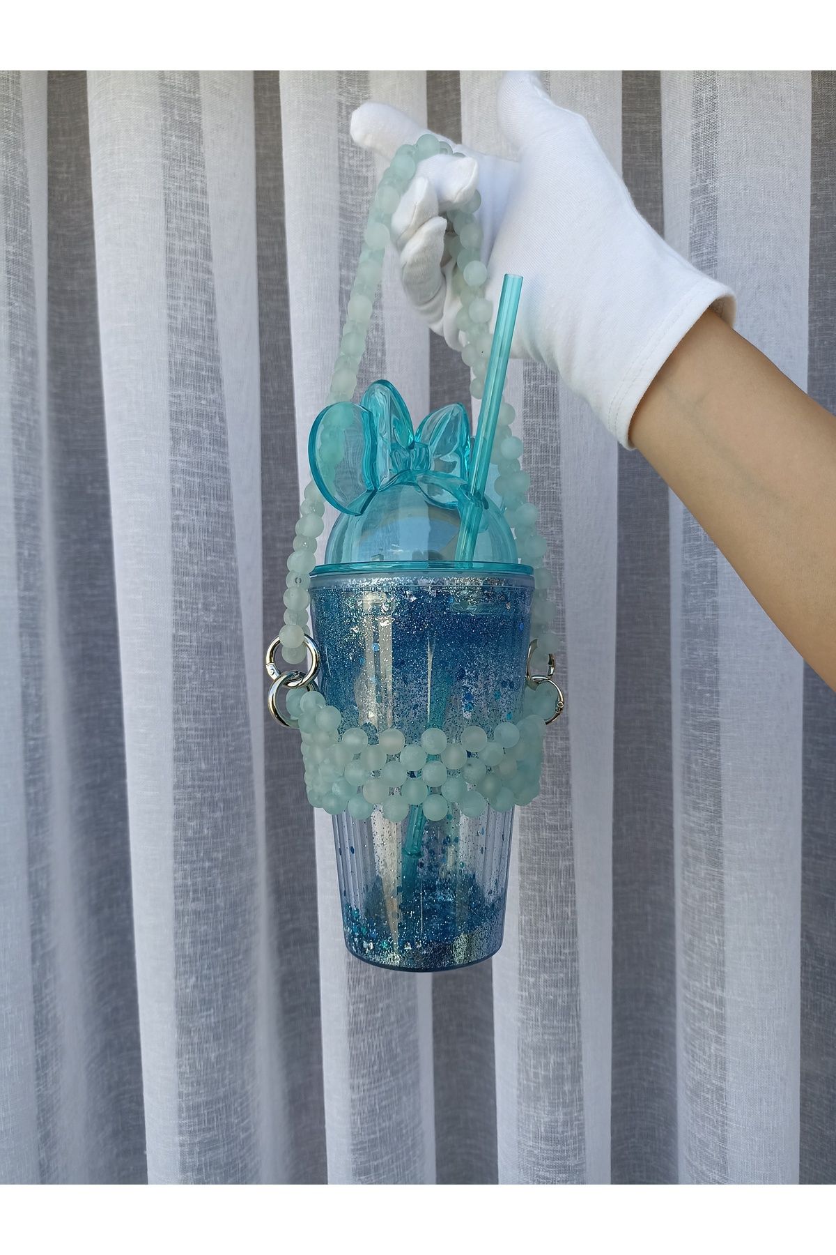 ida design store mavi içi simli su dolgulu çift katmanlı soğuk içecek bardağı ve el yapımı cup holder