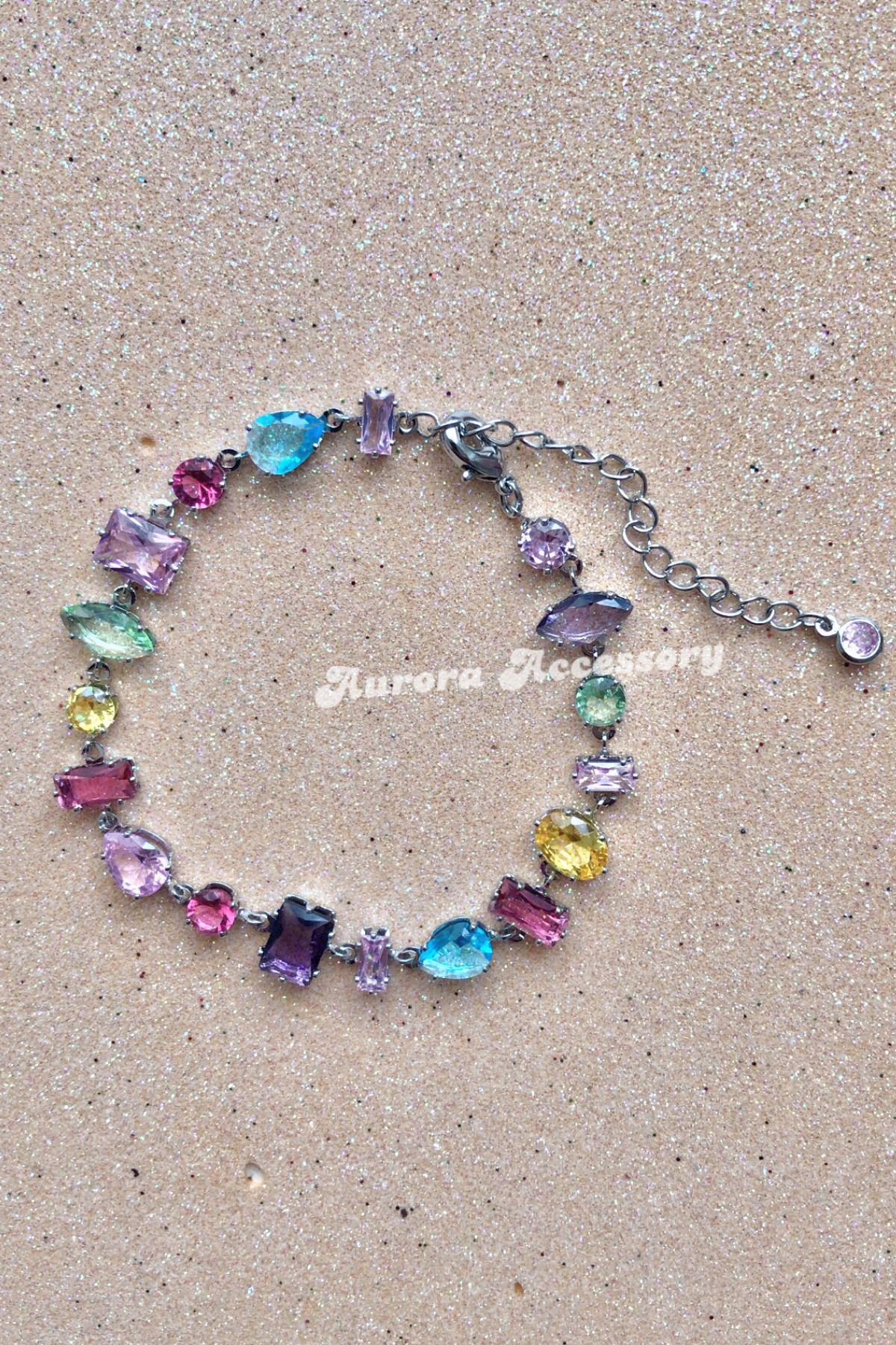 AurorAccessory Geometrik Kesim Renkli Zirkon Taşlı Gema Model Bileklik 17+4 cm