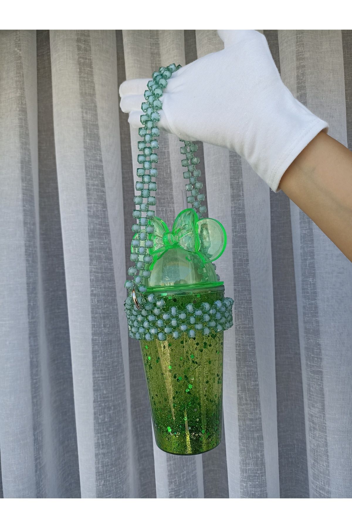 ida design store yeşil içi simli su dolgulu çift katmanlı soğuk içecek bardağı ve el yapımı cup holder
