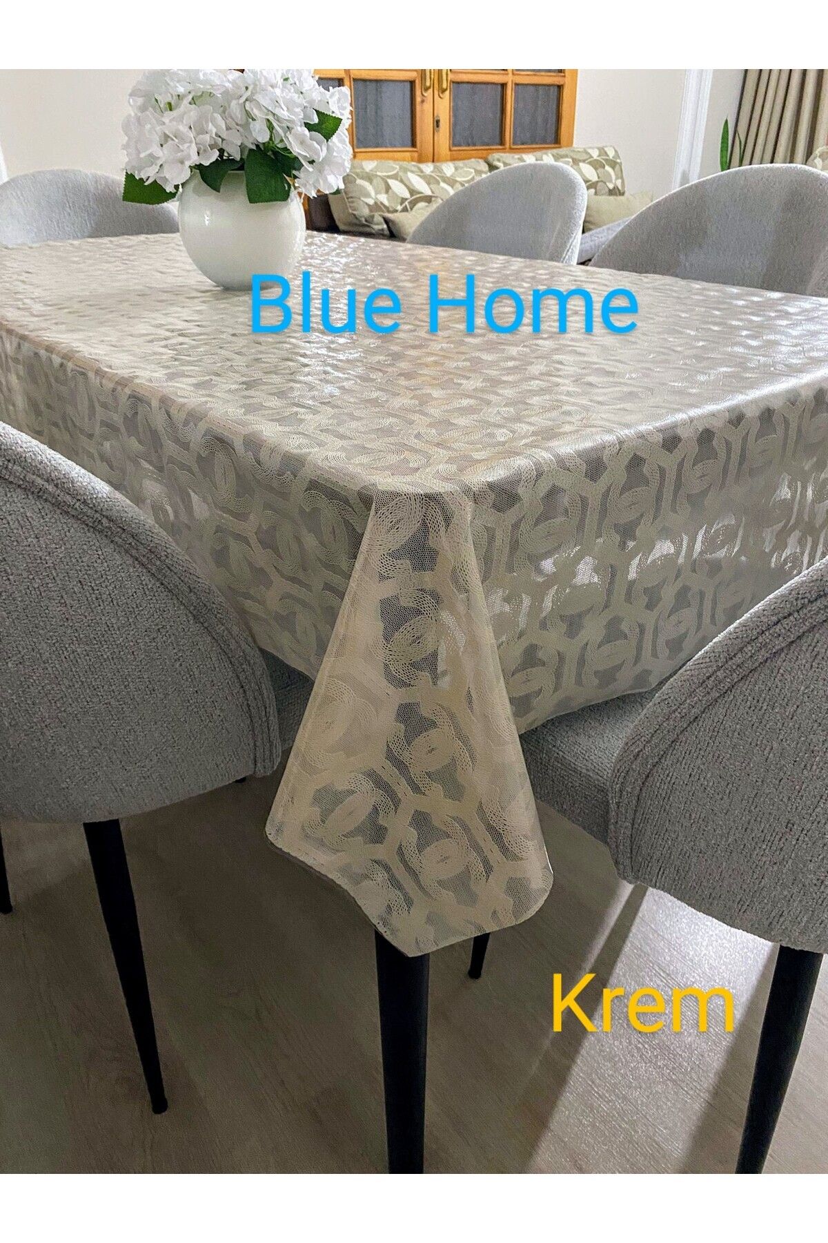Blue Home Dantel Görünümlü Silinebilir Kolay Temizlenir Kaymaz Sıvı Geçirmez Pvc Masa Örtüsü -KREM