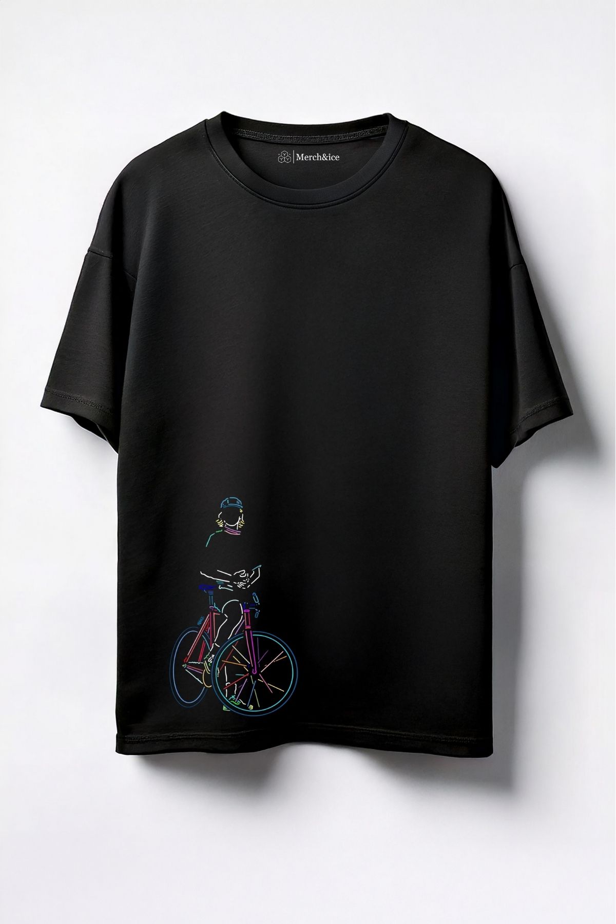 Merch&ice Çizgili Renkli Bisiklet Baskılı Unisex Oversize T-Shirt